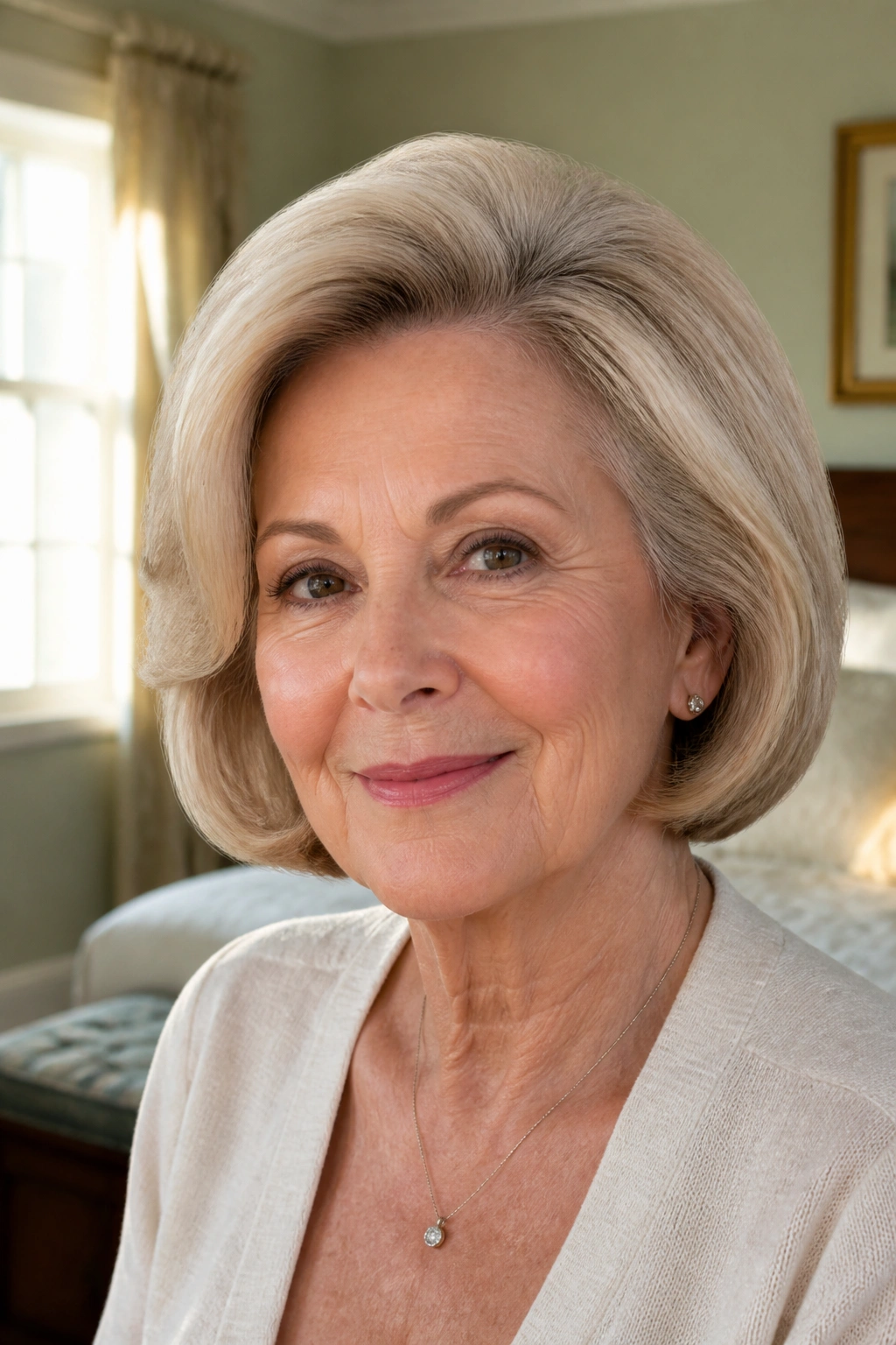 Close-up of a real woman's head and shoulders showing a rolled-under bob with crown volume