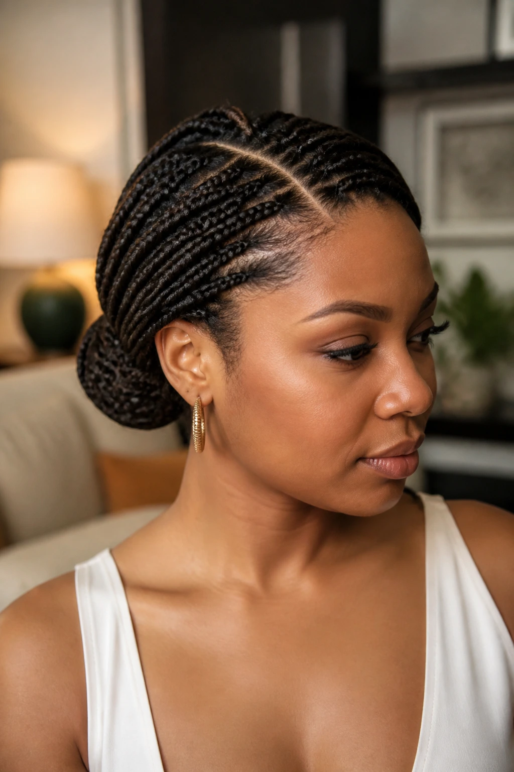 Close-up of a real person with rolled-up pin-up braids in a vintage roll.