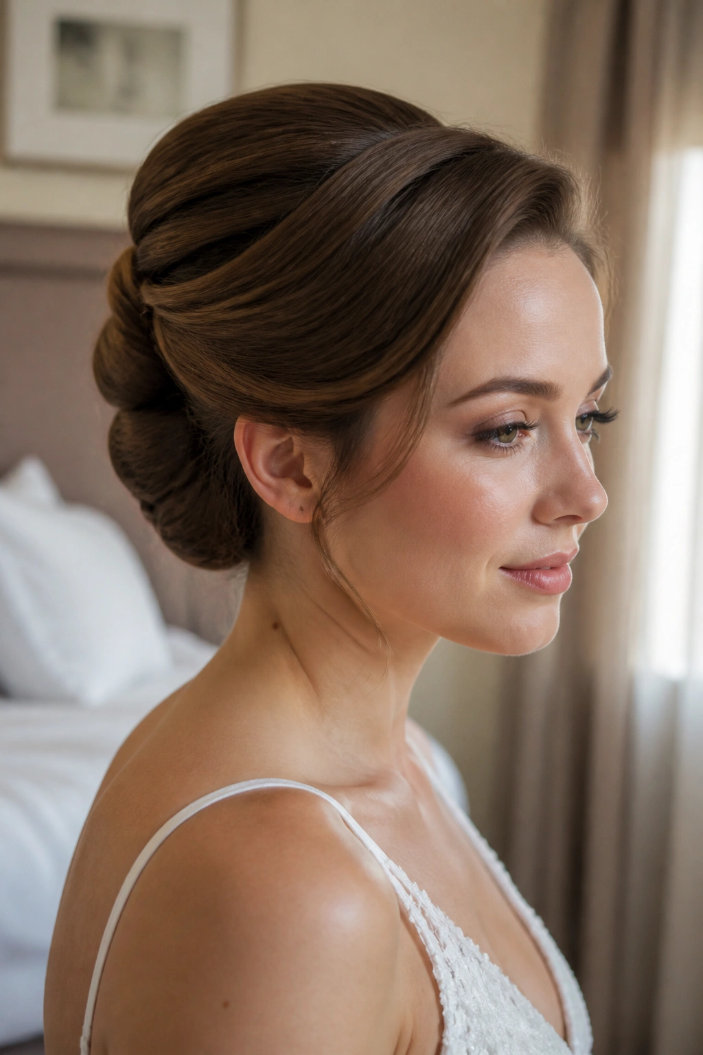 Close-up of a bride with Rolled Updo showing stacked back rolls