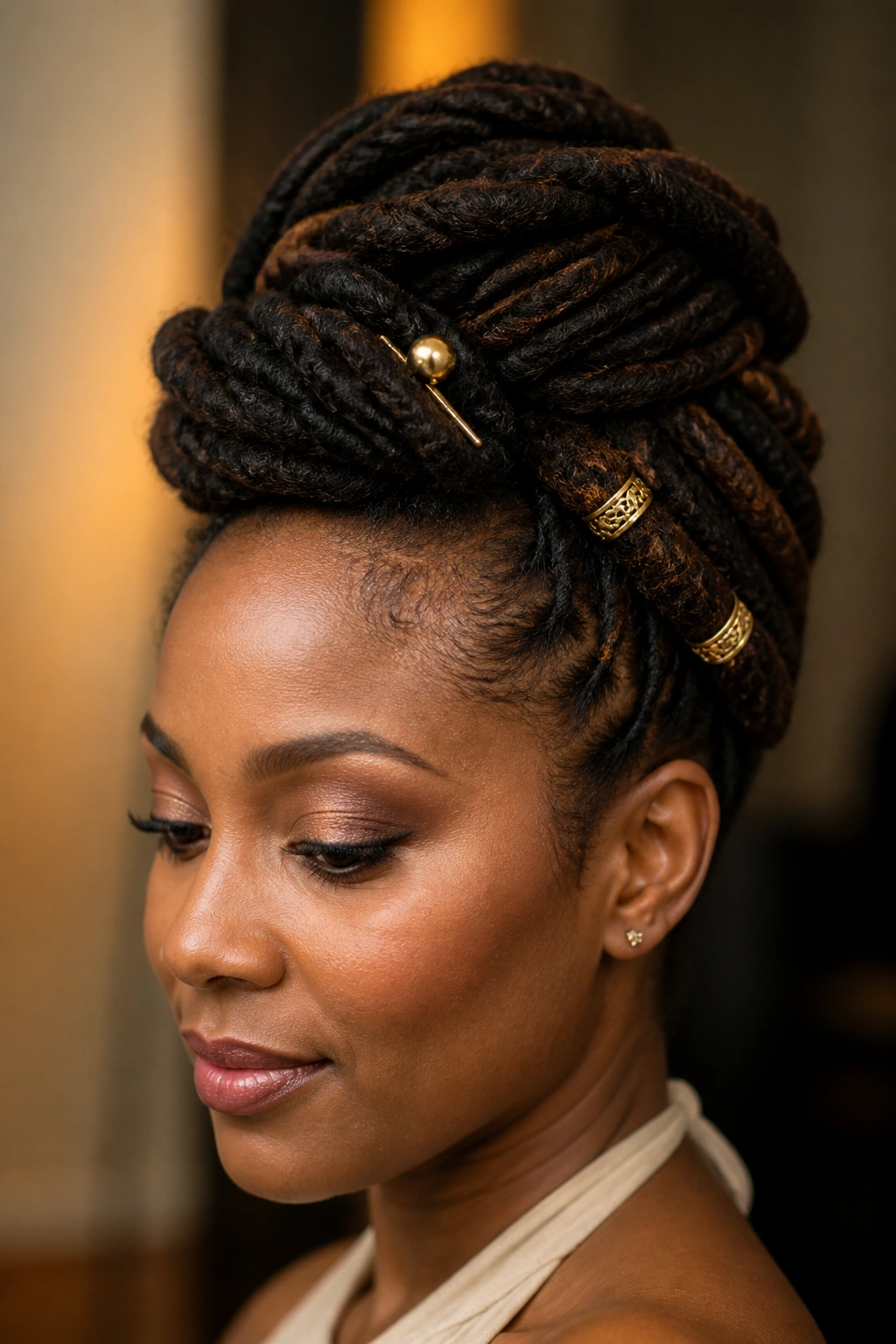 Close-up of a real woman with rolled updo and gold hair jewelry accents