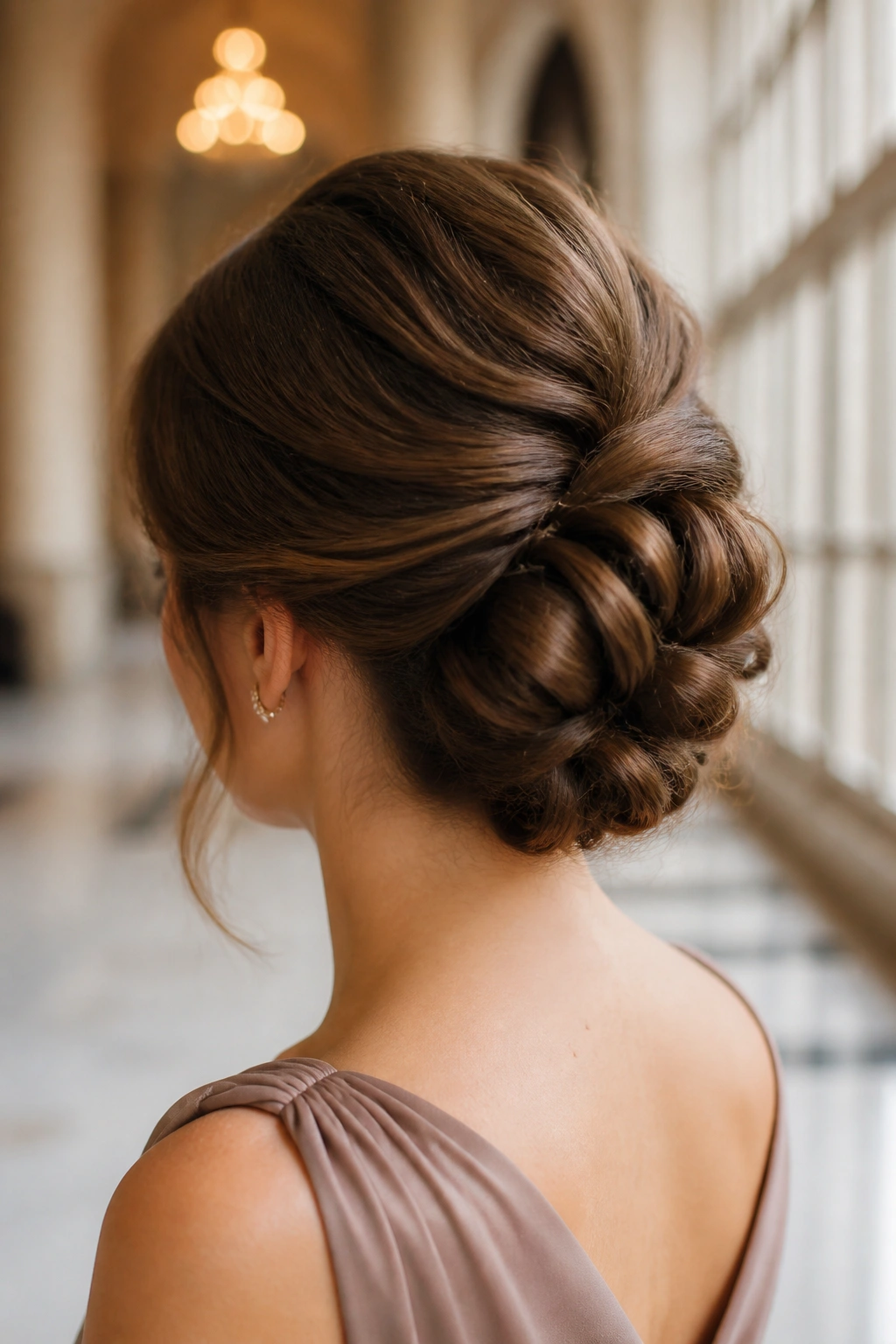 Back view of rolled updo on shoulder-length hair