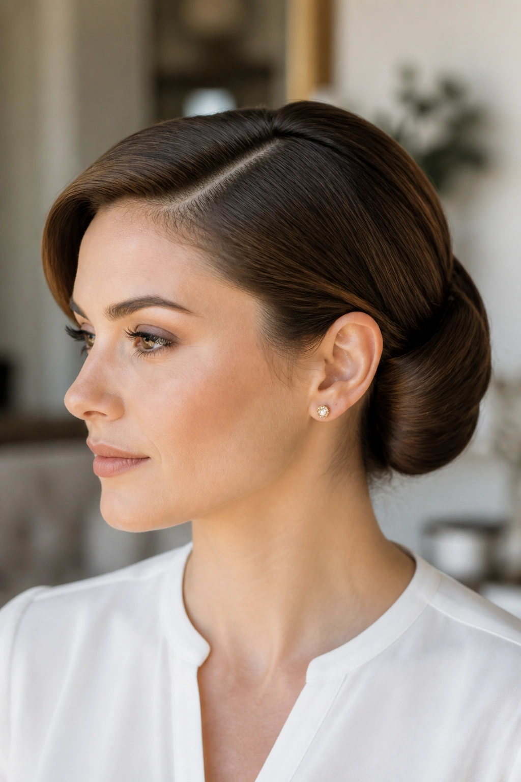 Real woman with a rolled side-part updo