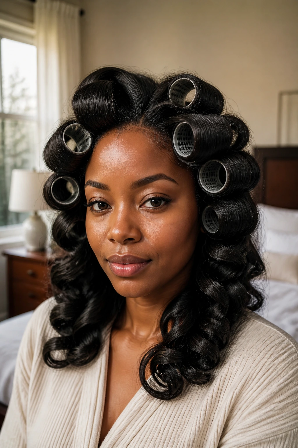 Close-up portrait of a real woman with long natural hair rolled on rollers for a roller set.