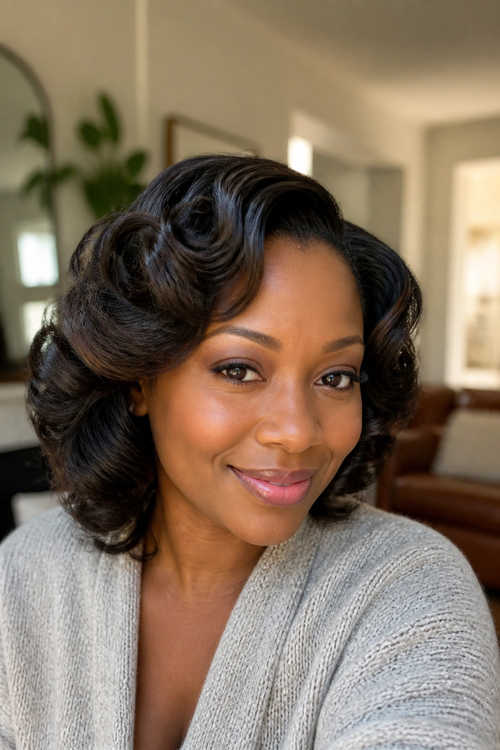 Portrait of a woman with a roller-set hairstyle and soft curls.
