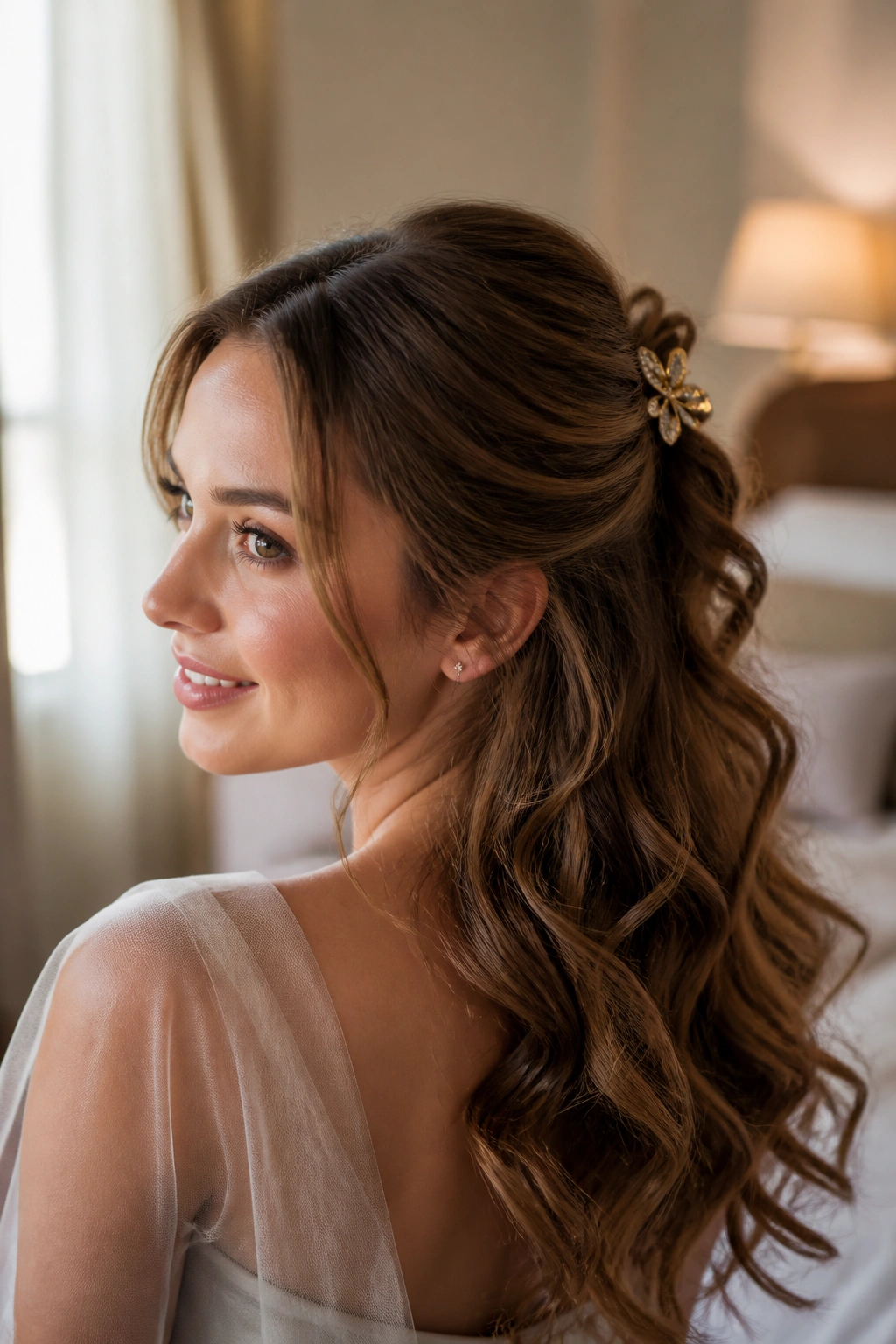 Close-up portrait of a real woman with Romantic Clip-and-Curl Half-Up hairstyle featuring a decorative clip and flowing curls