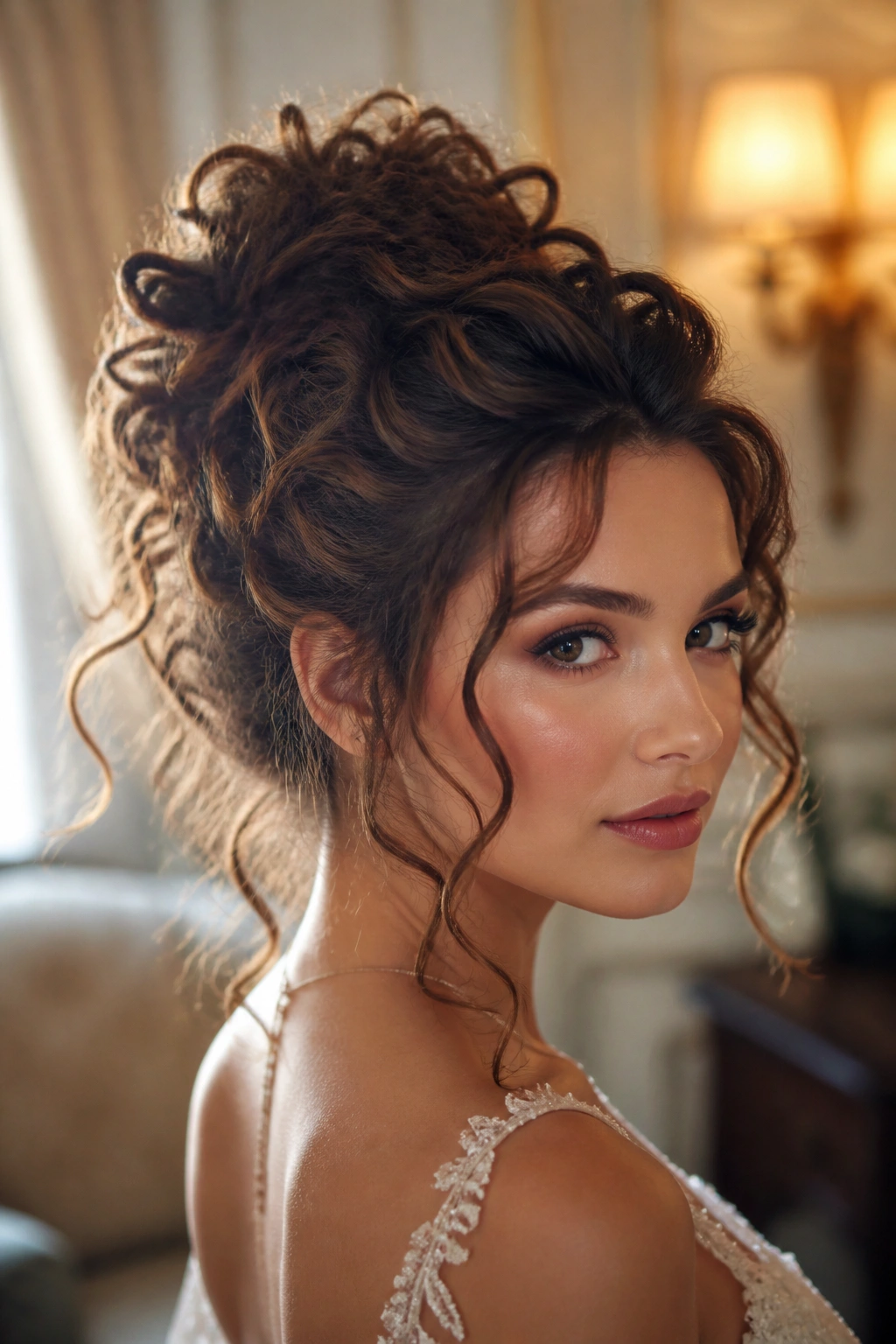Portrait of a real woman with a big romantic curly updo and loose tendrils