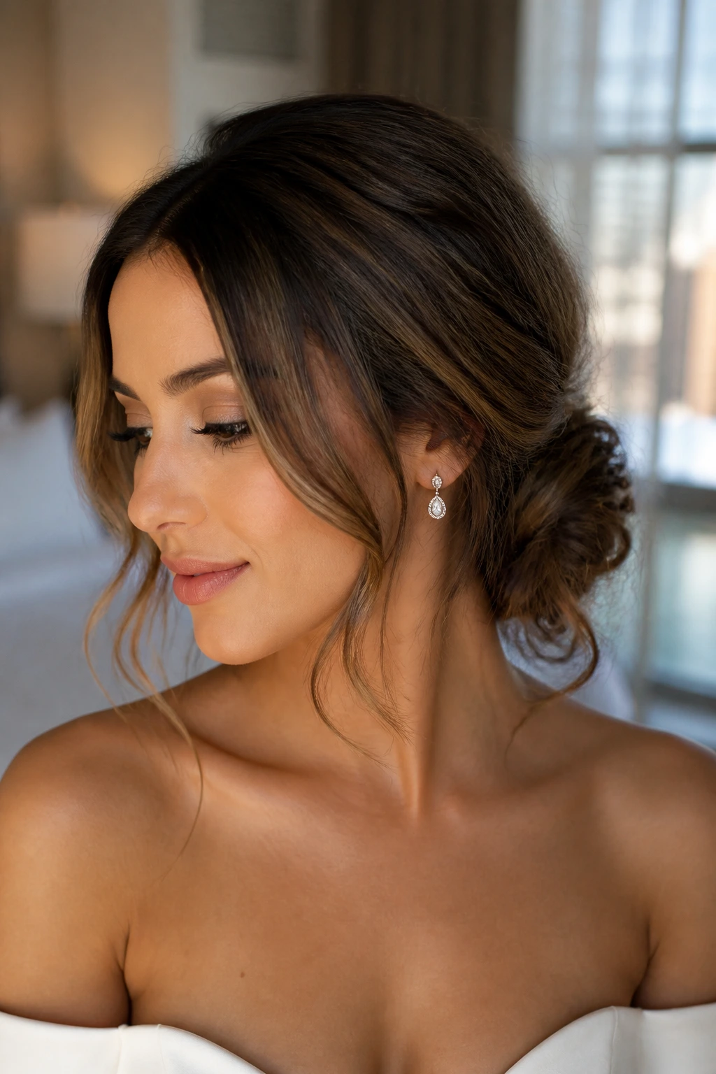 Close-up of romantic low bun with face-framing pieces on a real person.