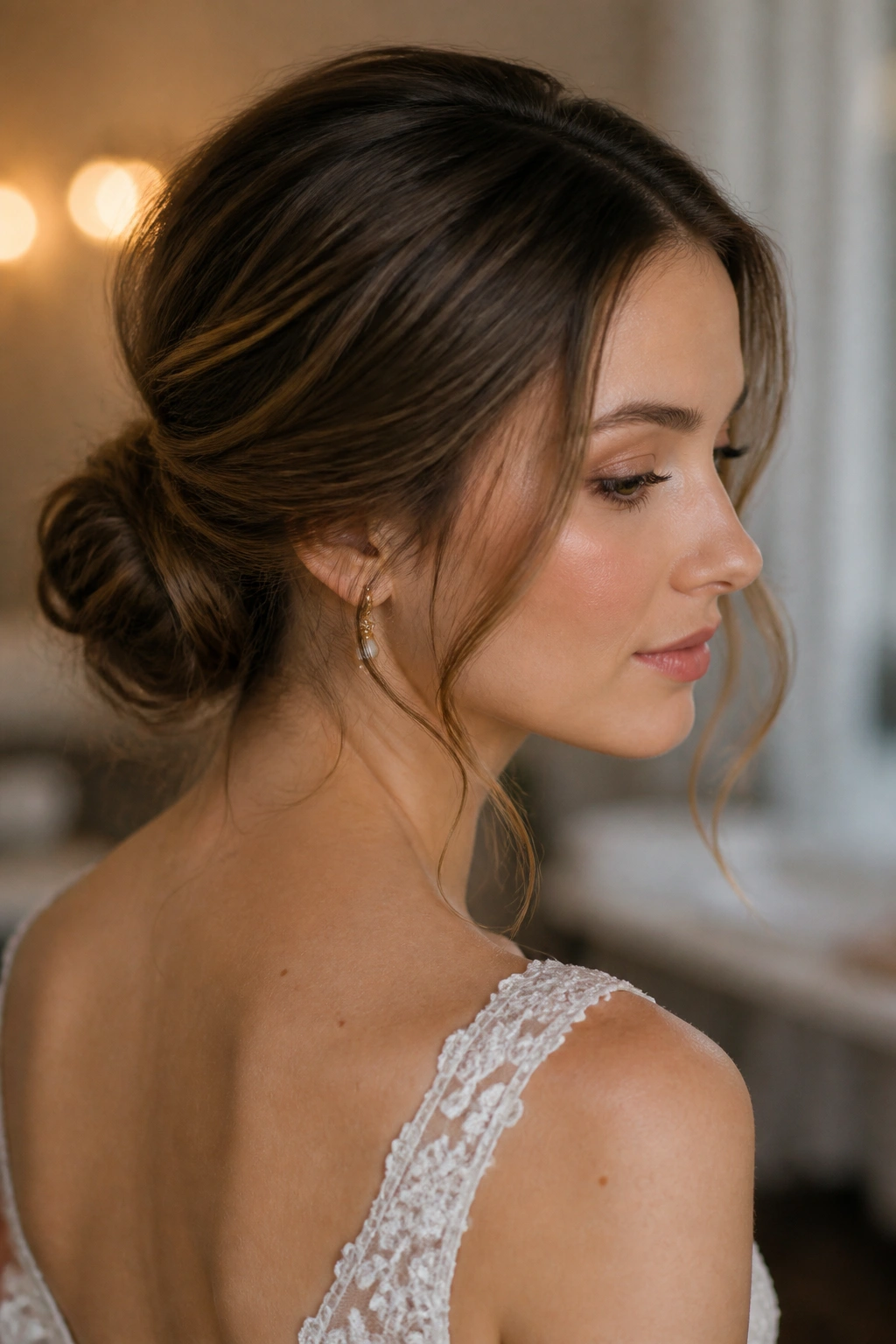 Close-up portrait of a real woman with a Romantic Low Bun and soft tendrils framing the face