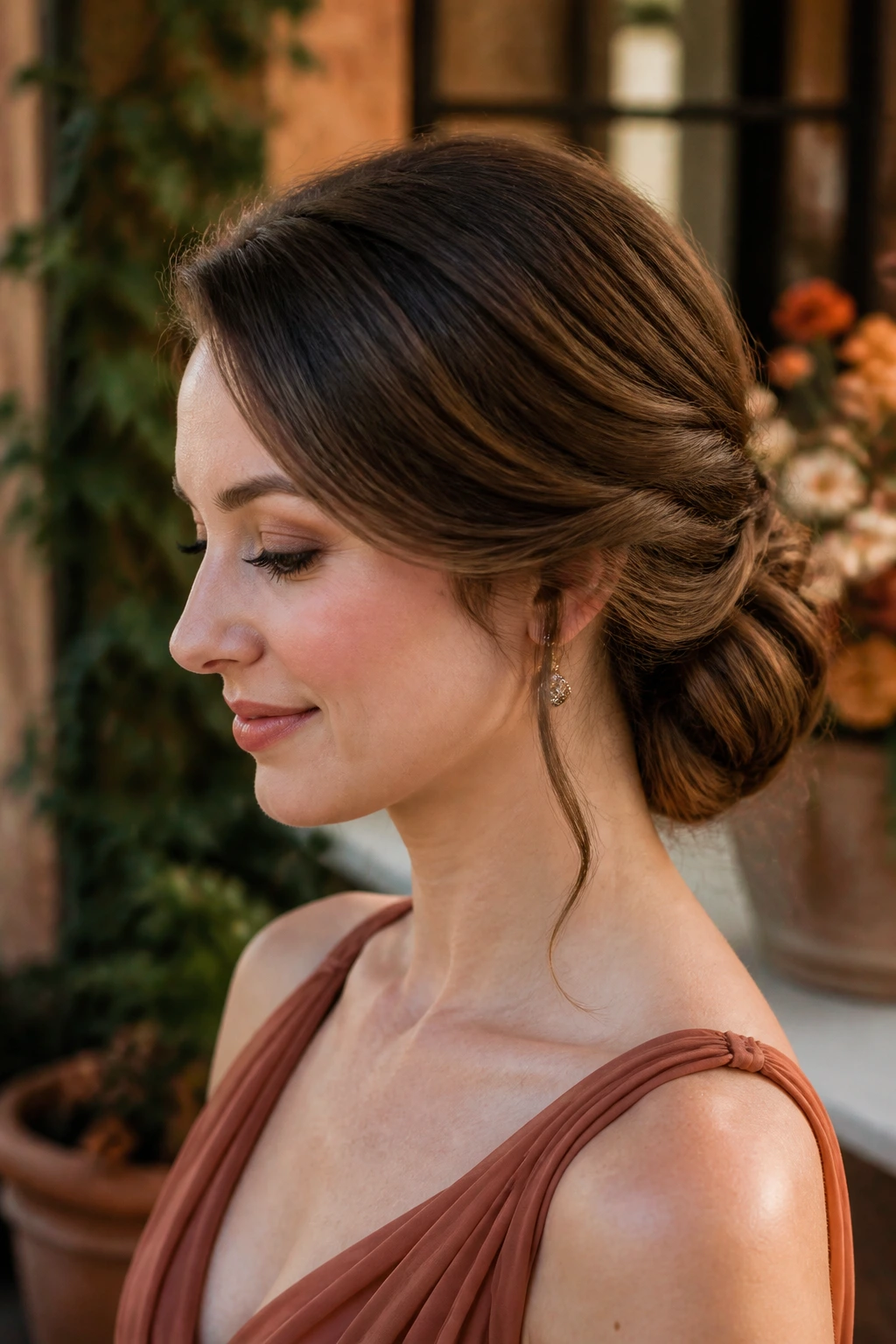 Close-up of a real woman with a romantic low roll and side part