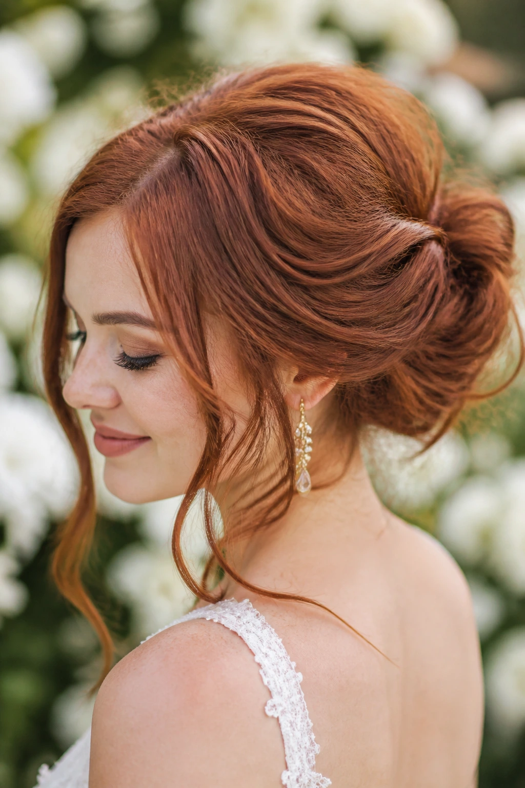 Close-up of romantic messy bun with tendrils on auburn hair