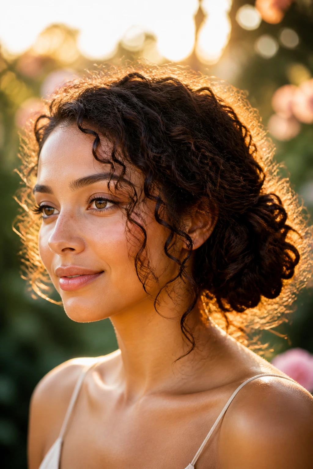 Close-up of a real woman with a romantic side bun and natural curls