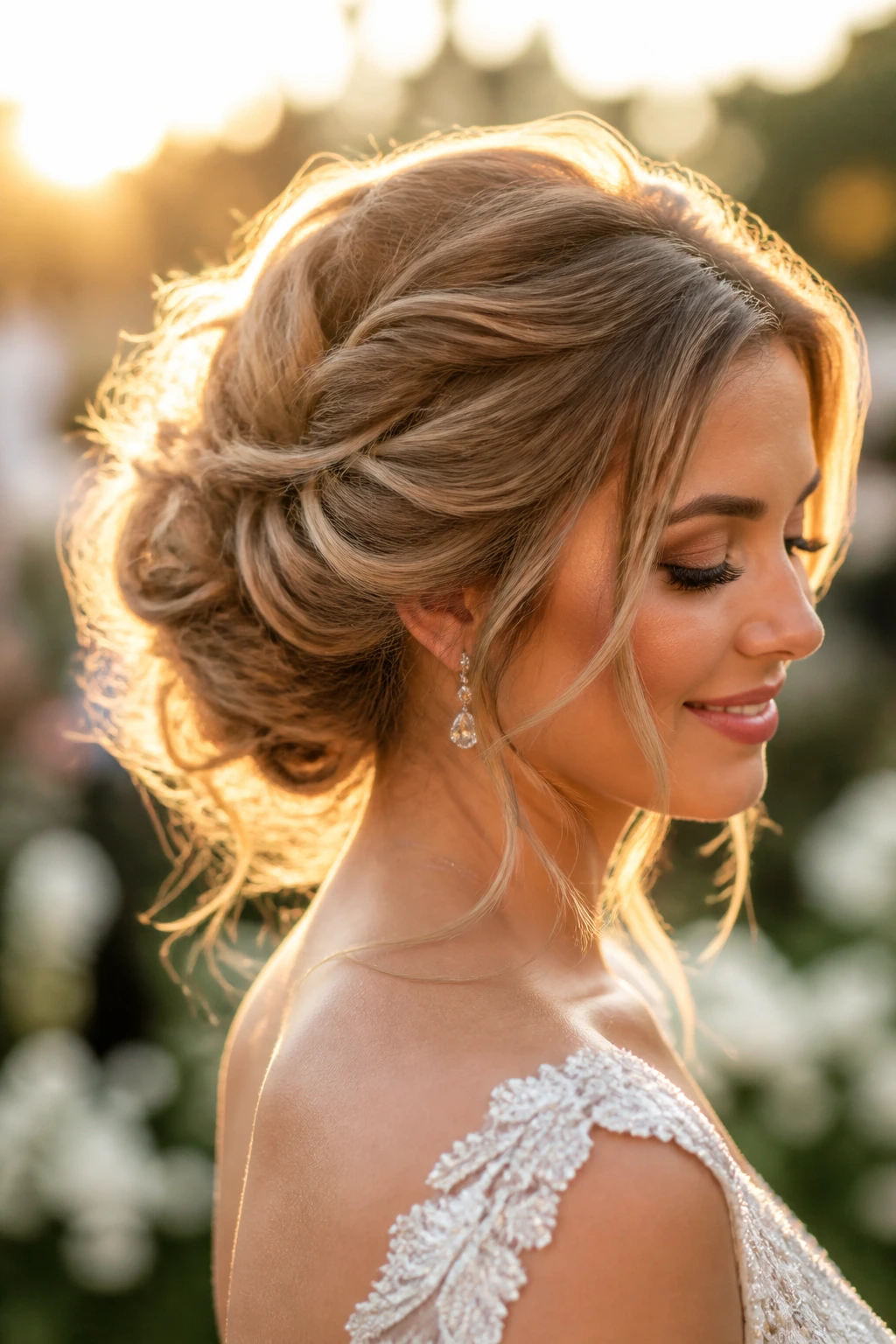 Close-up of a bride with a textured messy updo and hidden pins