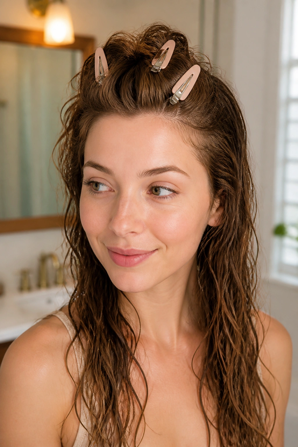 Real woman with root clips at crown lifting flat crown waves, in bright bathroom