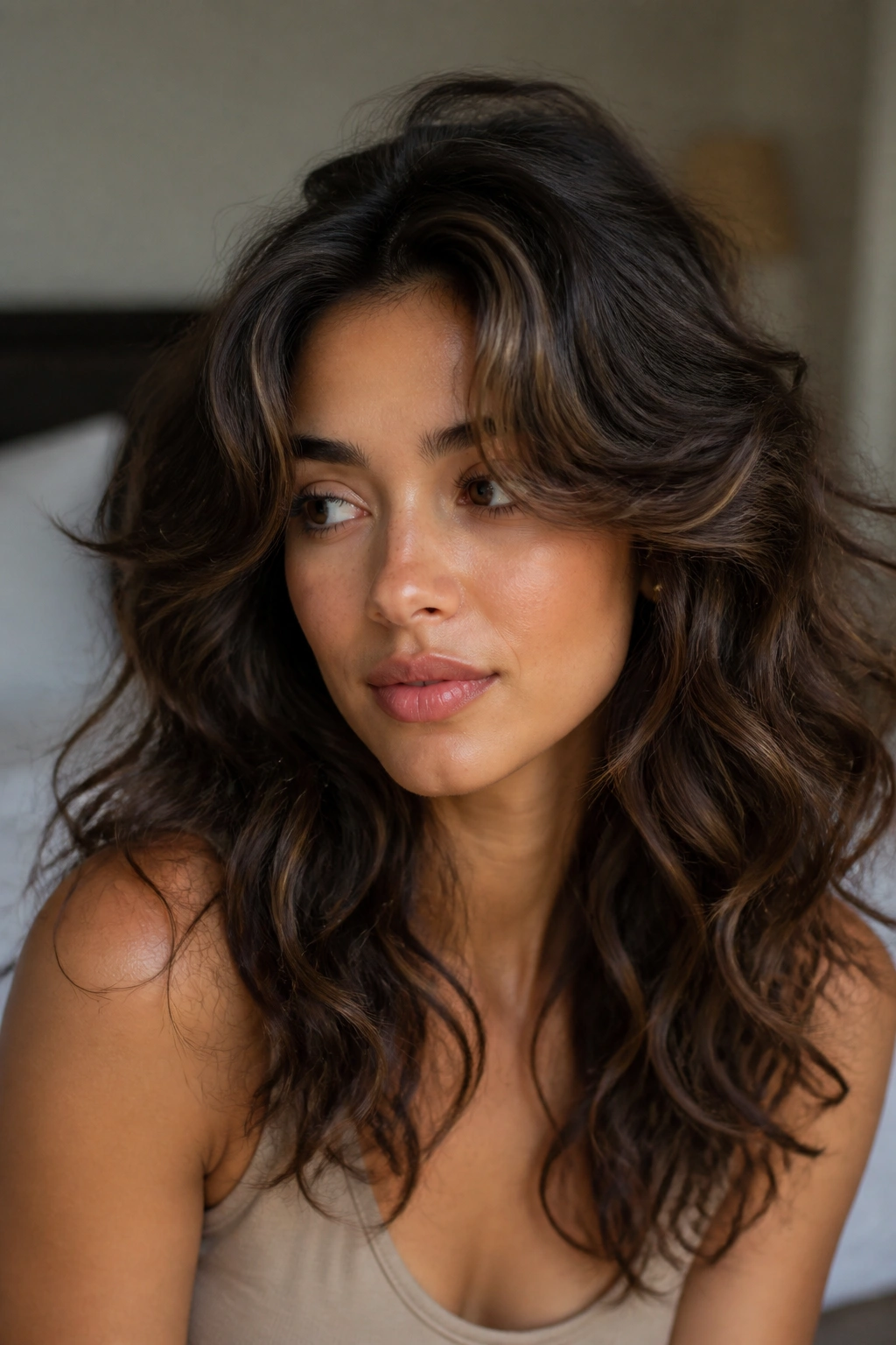 Close-up of a real woman with deep root lift and curtain fringe in textured waves