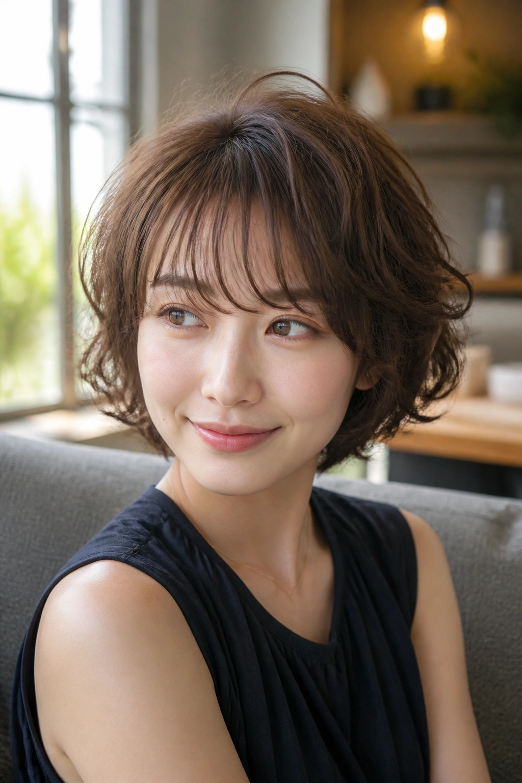 Portrait of real person with root-lift perm and airy bangs