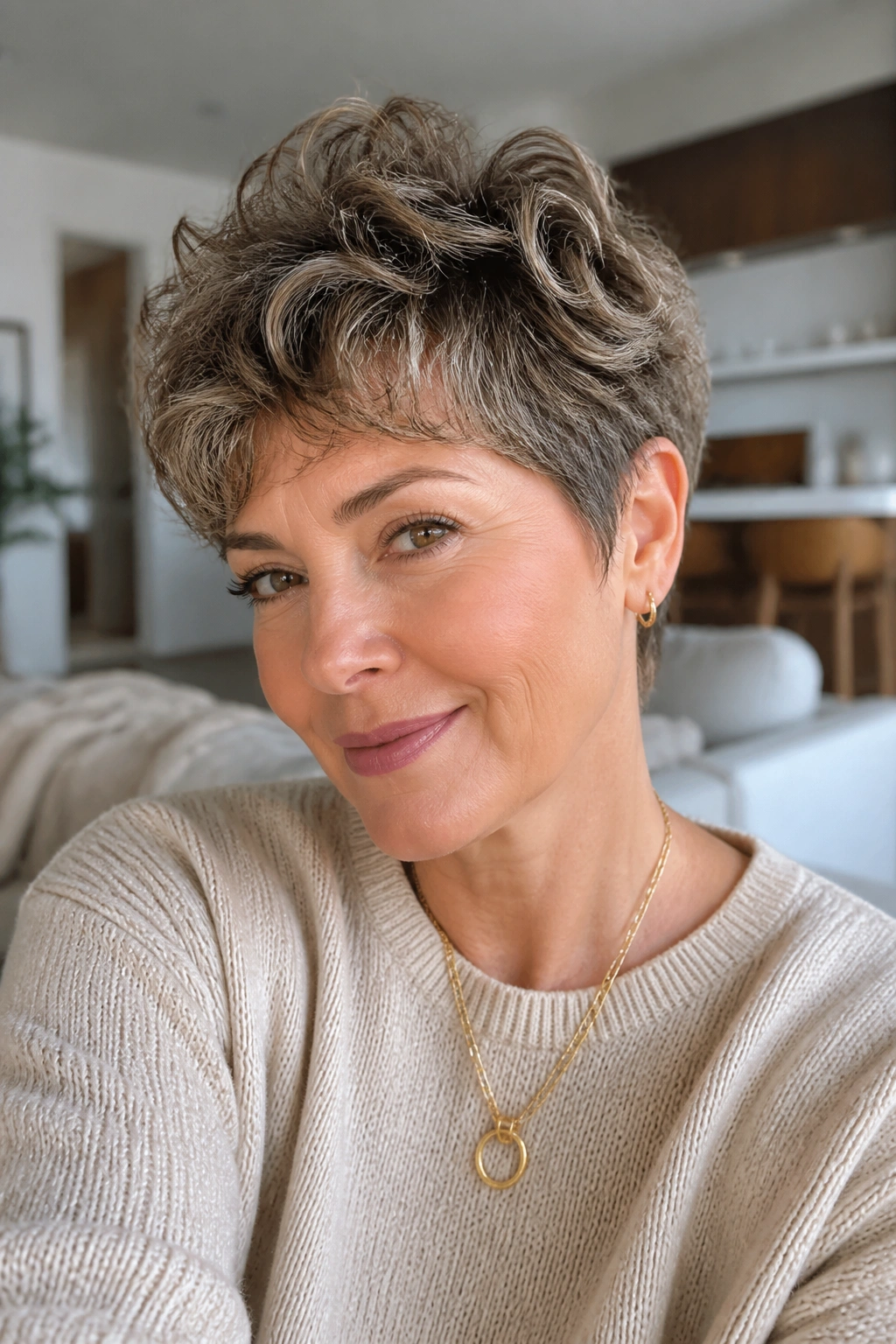 Close-up portrait of a real woman with a root-lift pixie perm showing crown lift