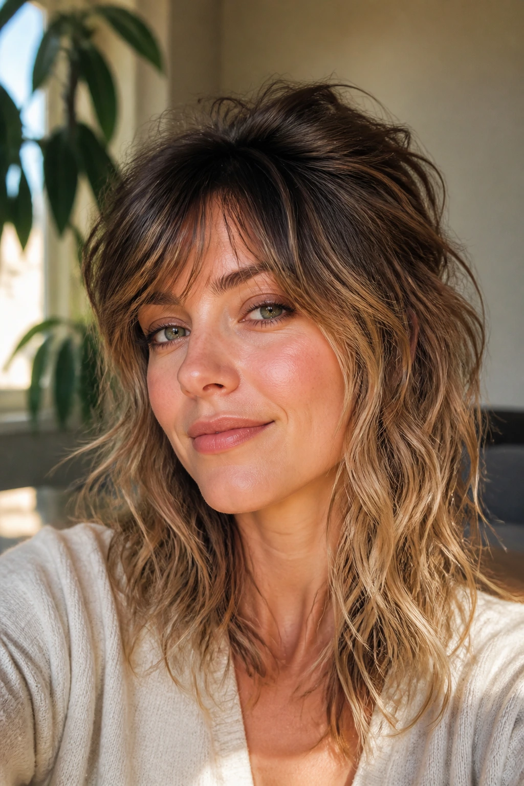 Close-up portrait of a real woman showing root-lift shag with lifted crown and waves.