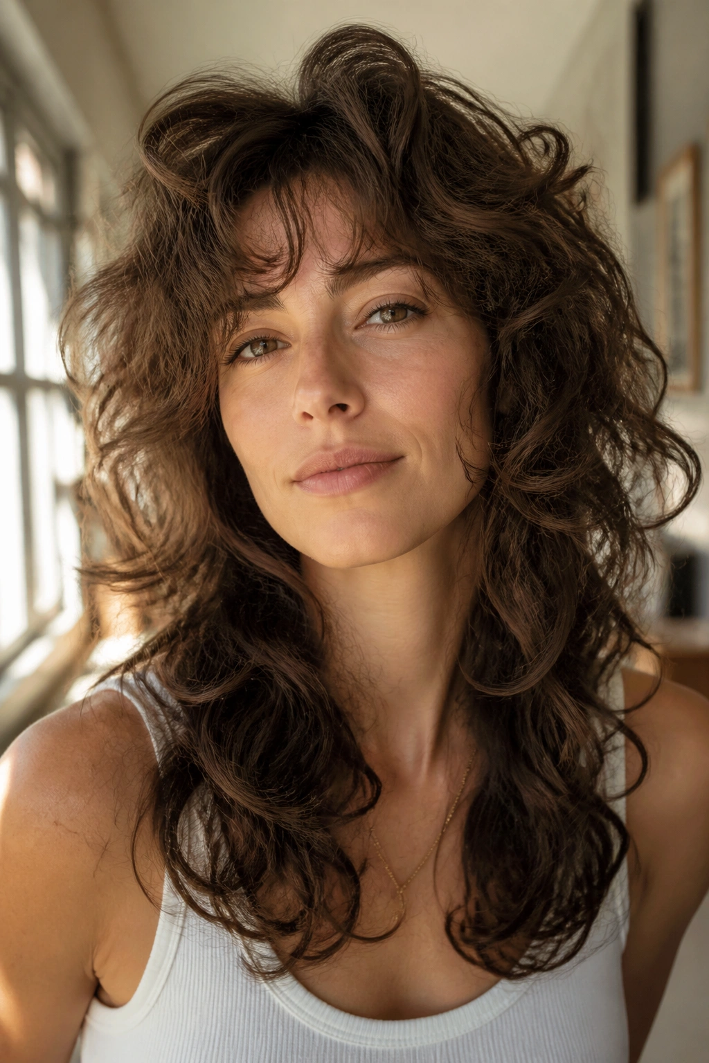 Portrait of woman with root-lift shag perm and big layers