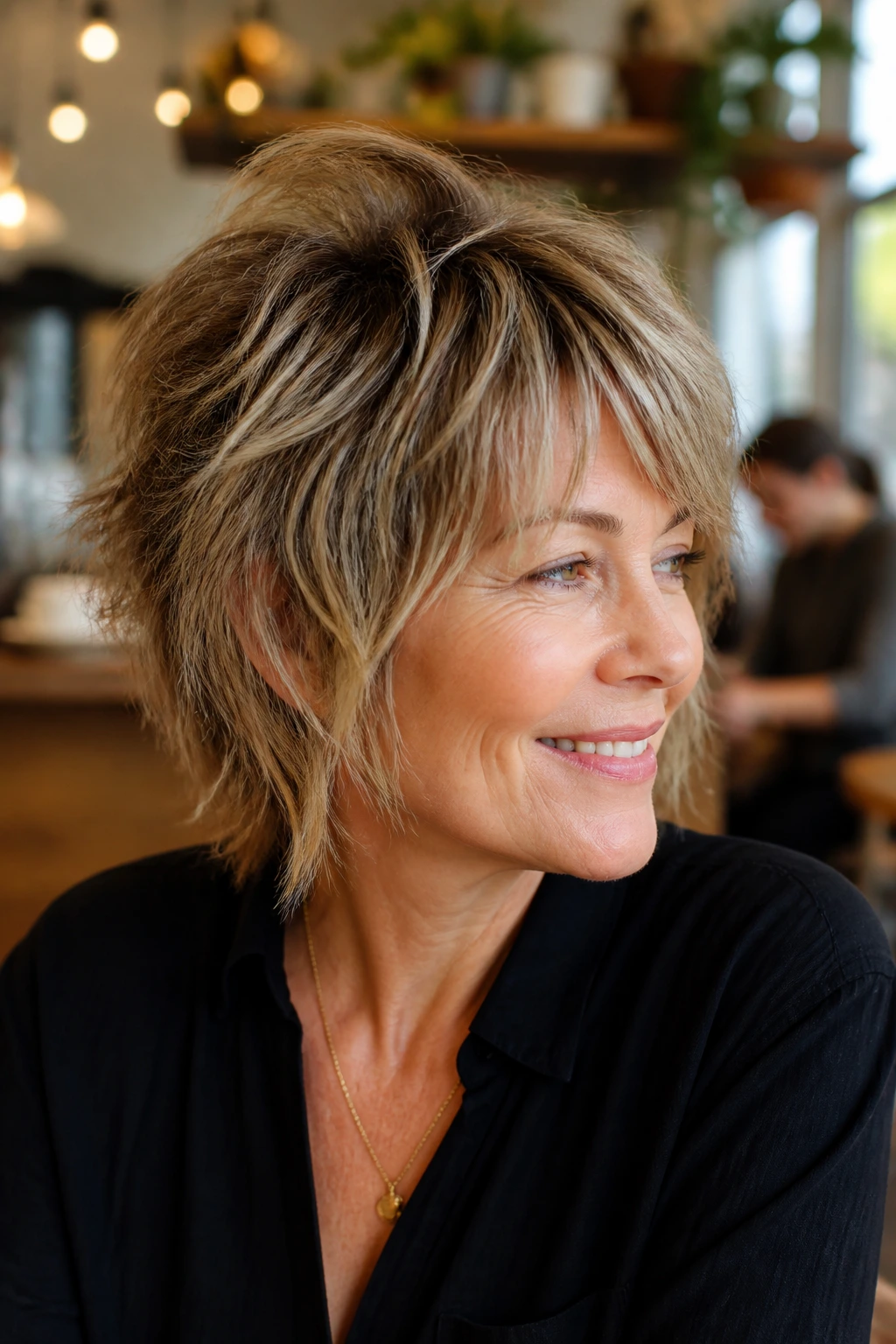 Close-up of a woman with root-lift shag hairstyle in a cafe setting.