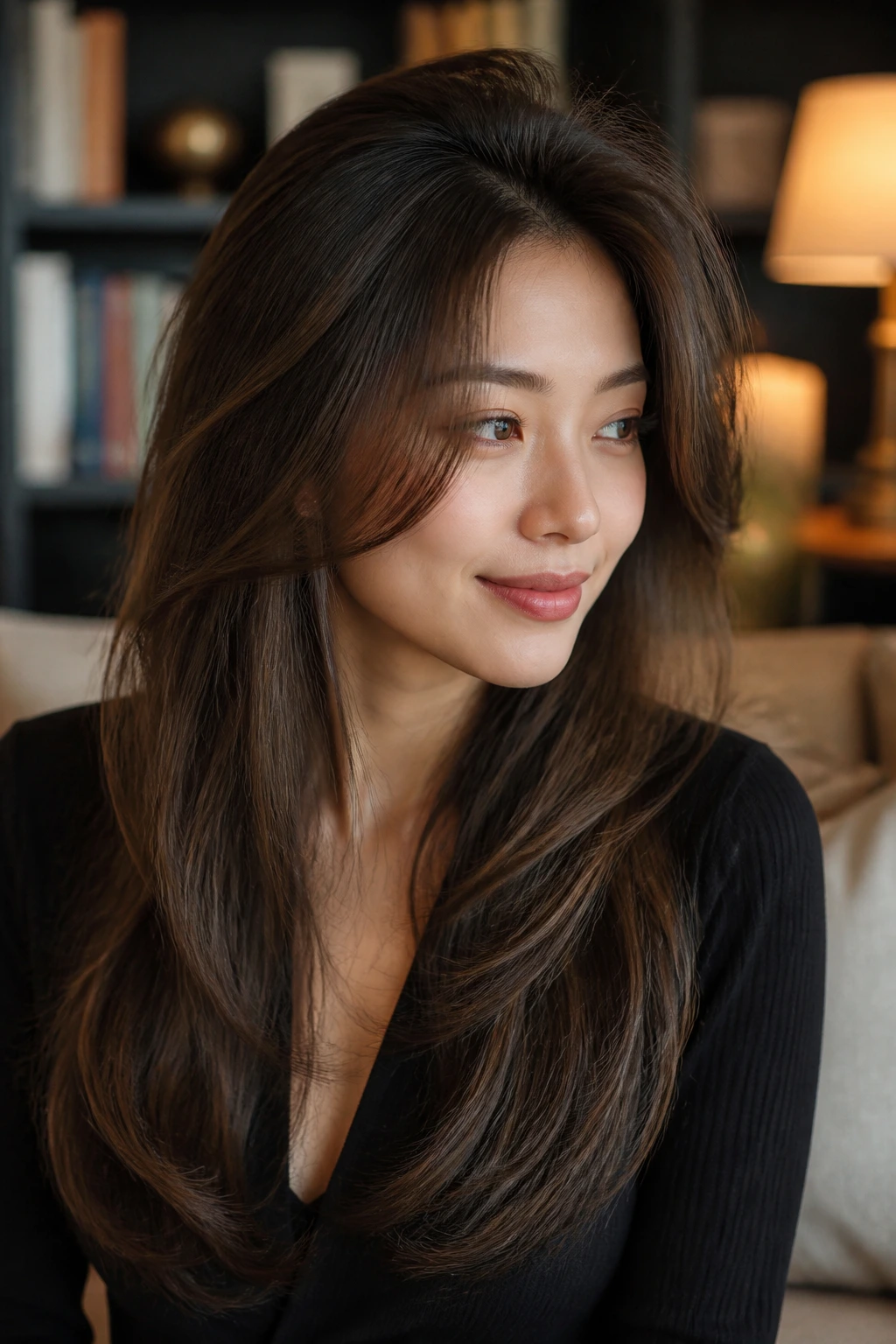 Portrait of a woman with root-lift volume layers giving crown height.