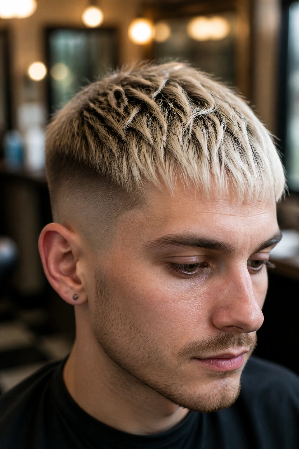 Close-up portrait of a real person with a root-melt French crop