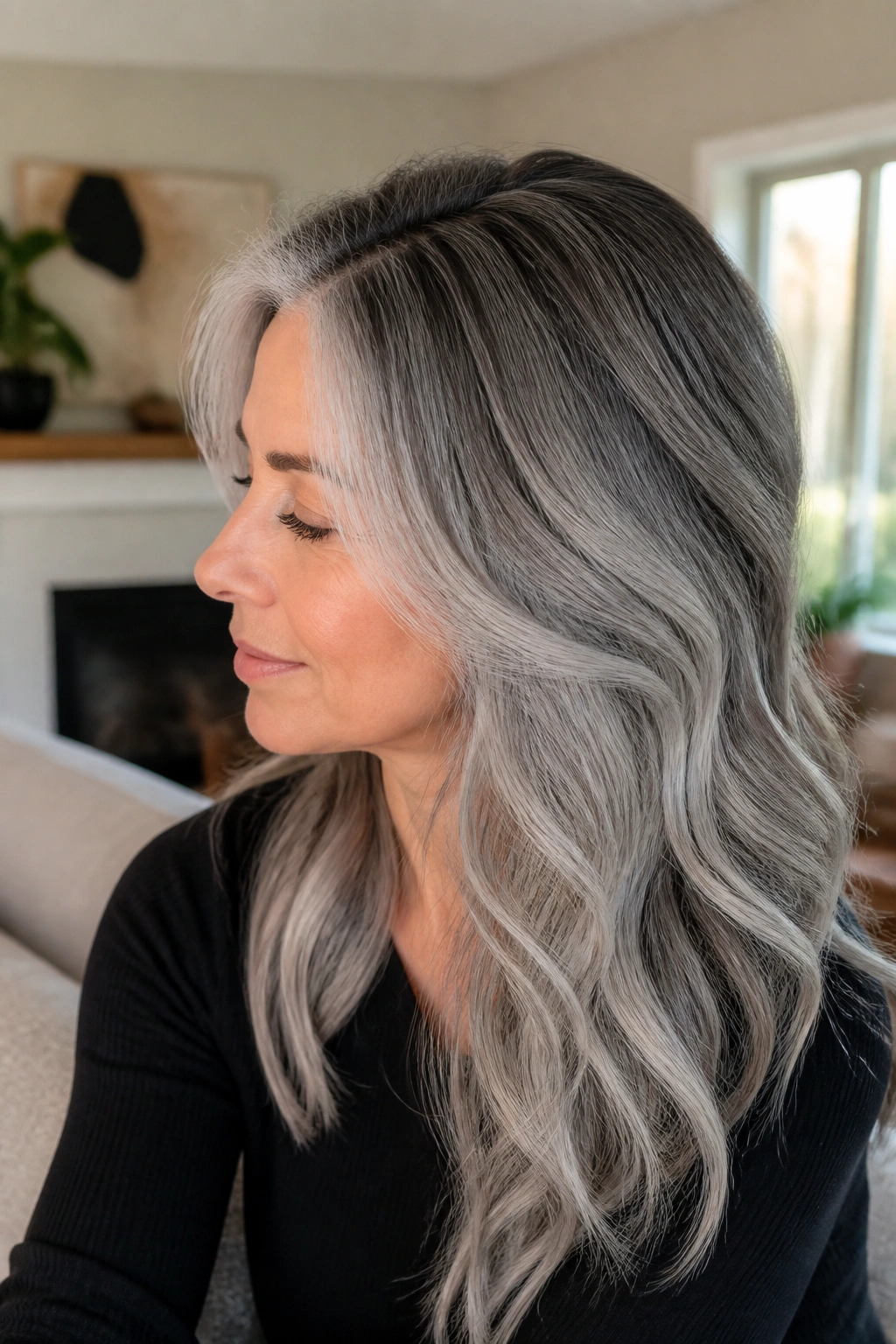 Close-up of a real woman with smoky root melt fading into silver hair