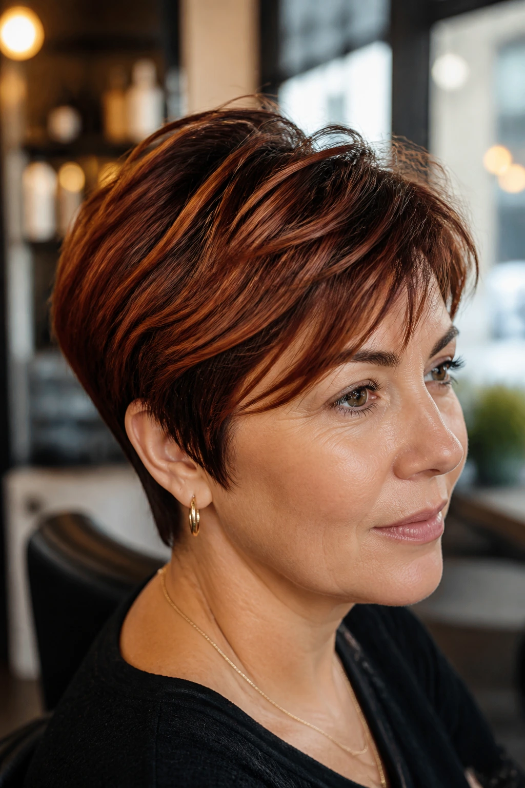 Close-up of a real woman with a root-shadow auburn layered crop in a warm salon setting.