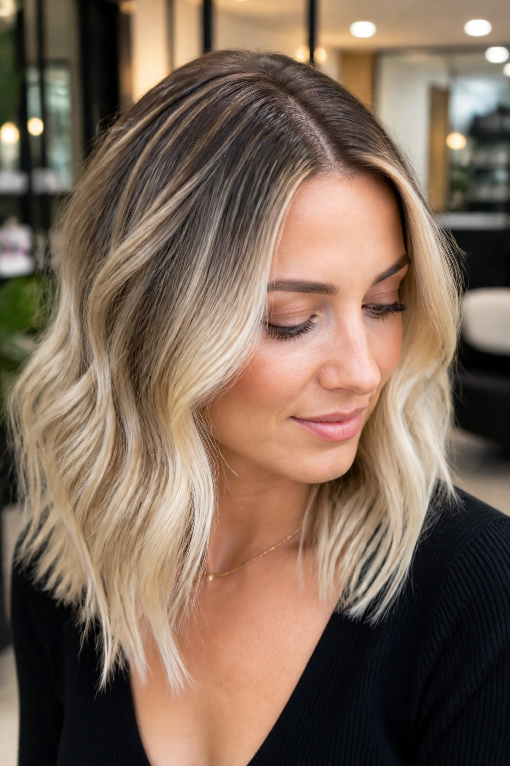 Close-up of a real woman with root shadow blonde showing seamless dark-to-light transition