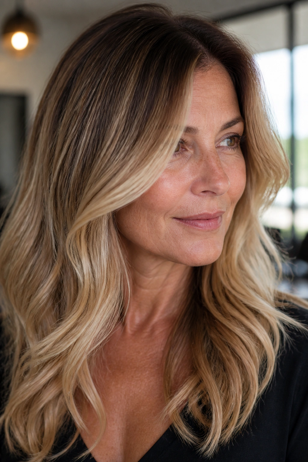Woman with root-shadow blonde and bright ends