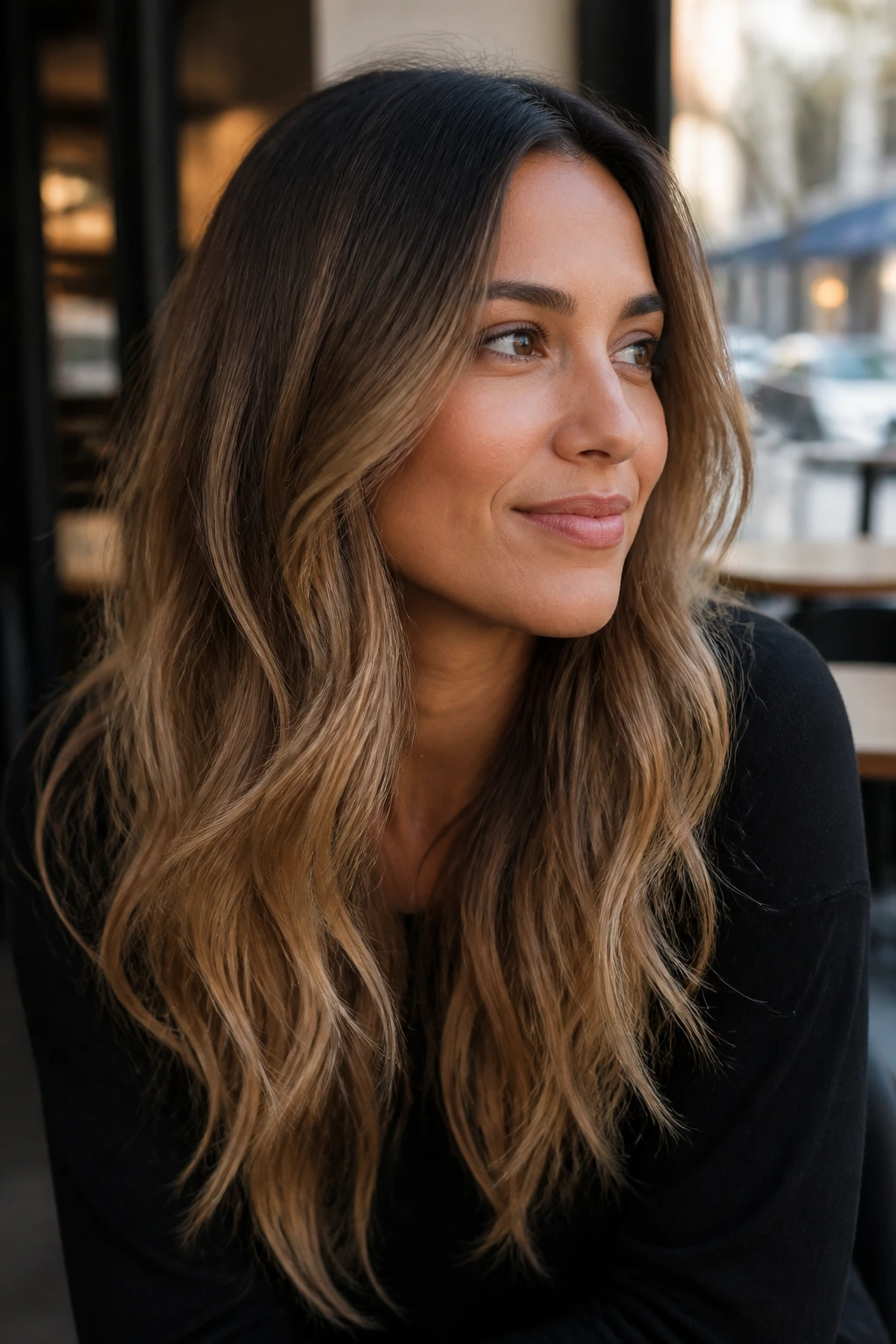 Close-up of bronde hair with dark roots and lighter mid-lengths