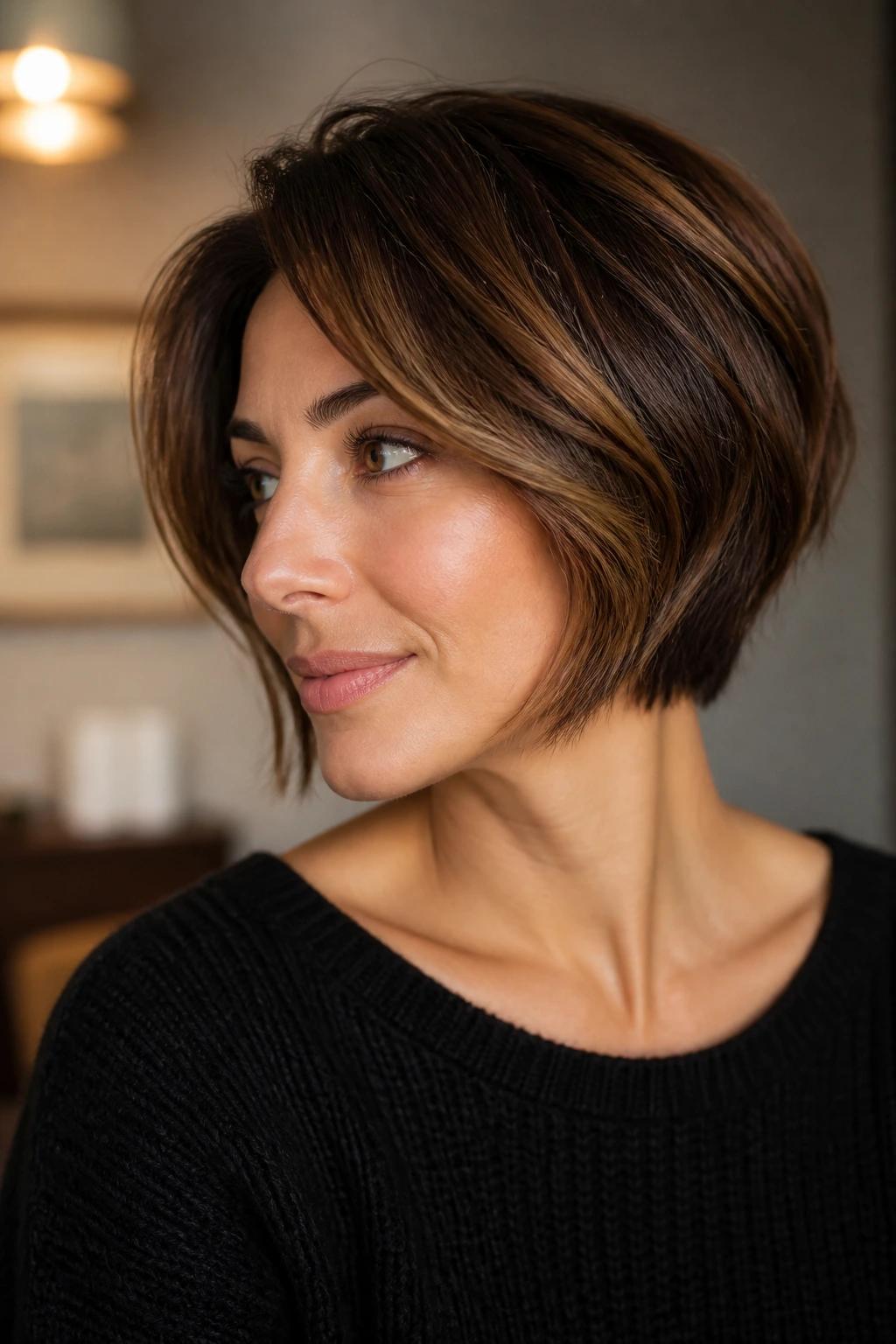 Close-up portrait of a real woman with dark brown short hair featuring root shadow and caramel highlights.