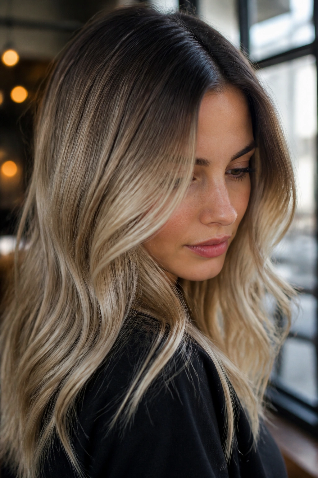 Close-up of a woman with a darker root shadow blending into lighter lengths.