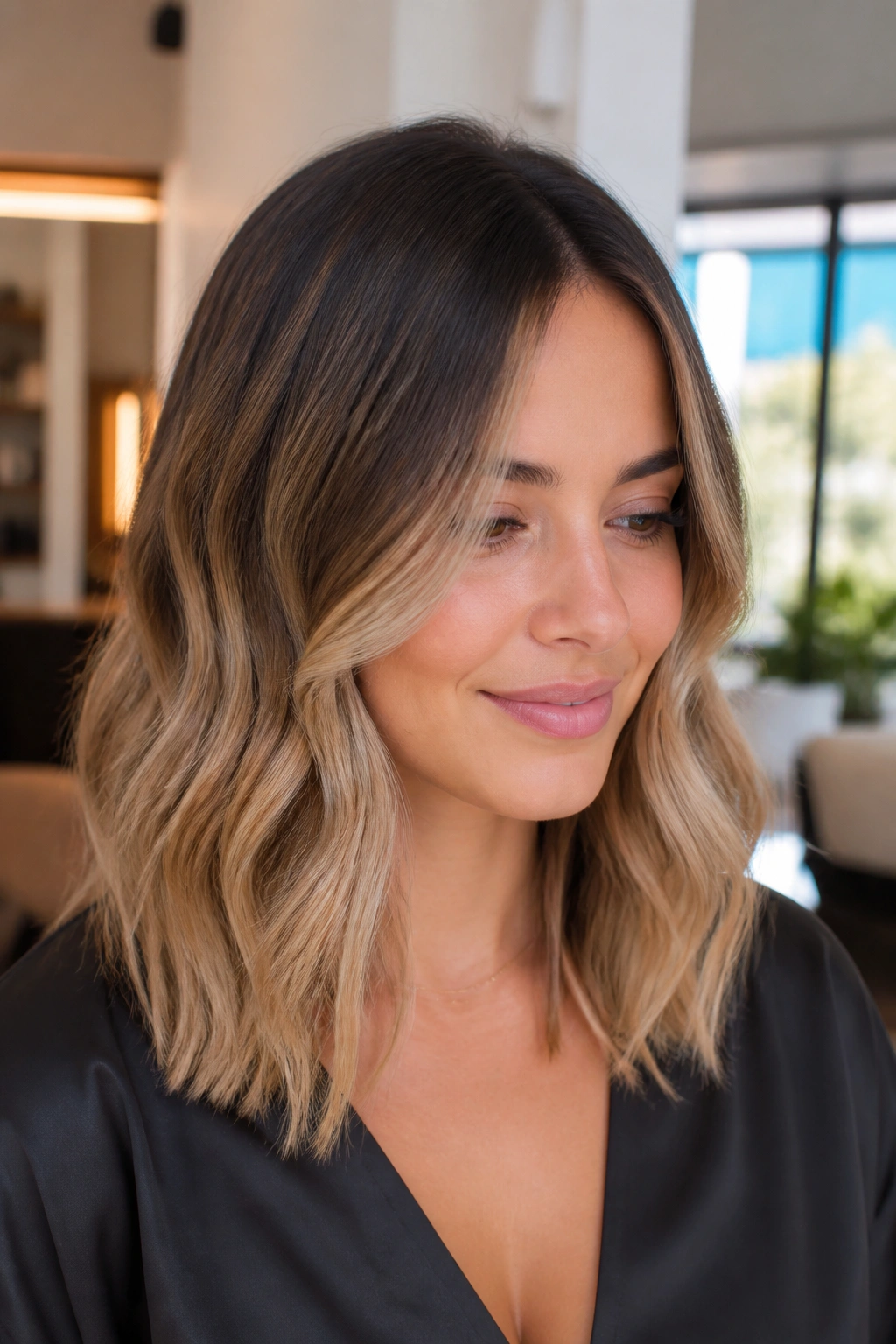 Close-up of a real woman with root-shadowed bronde hair featuring dark roots, brown-blonde midtones, and lighter ends.