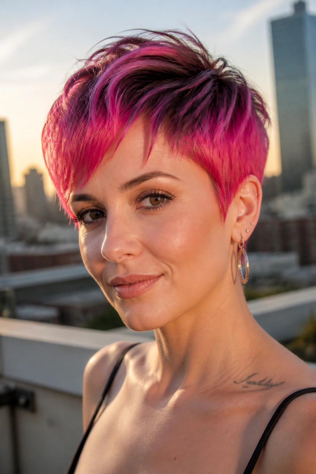 Close-up portrait of a real woman with vibrant length color and dark roots in a root-smudge pixie.