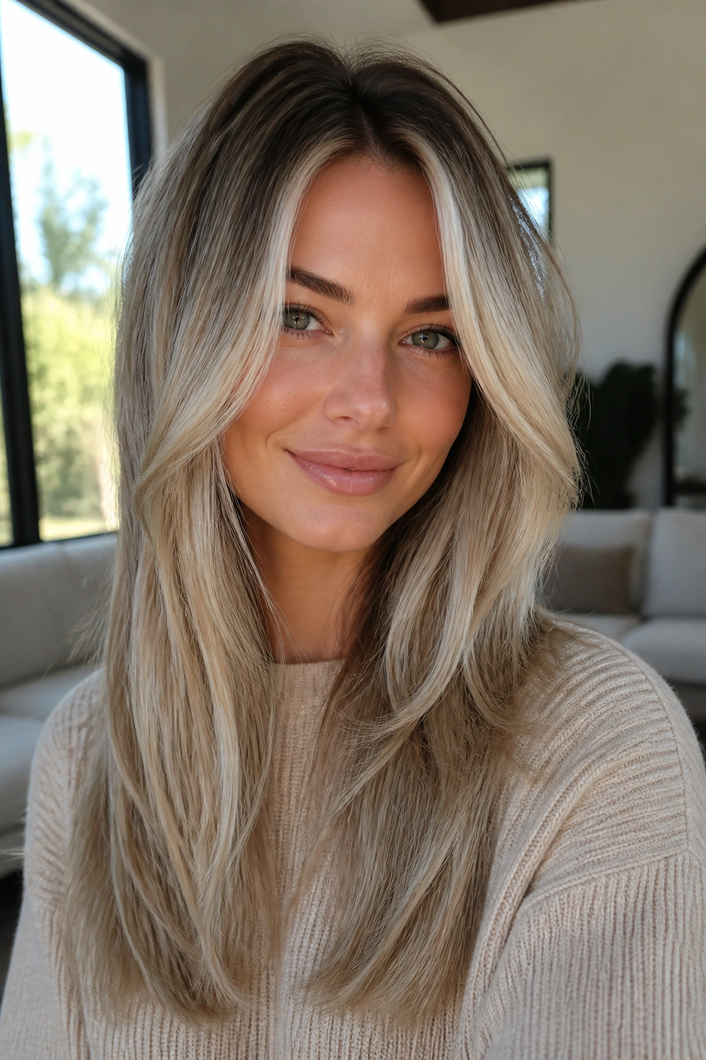 Portrait of a real person with rooted ash blonde and long layers.