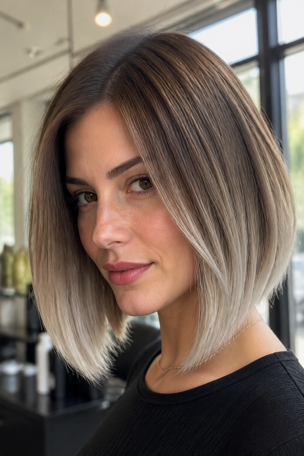 Close-up of a person with rooted ash brown bob and icy ends