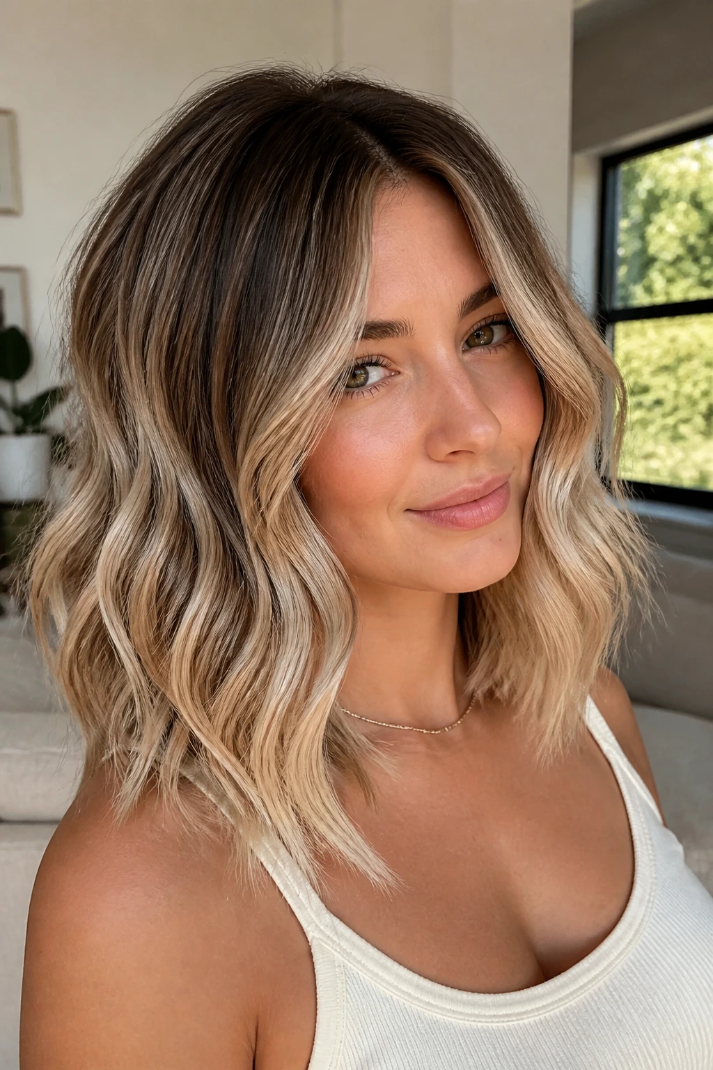 Close-up of a woman with rooted champagne balayage on wavy hair.