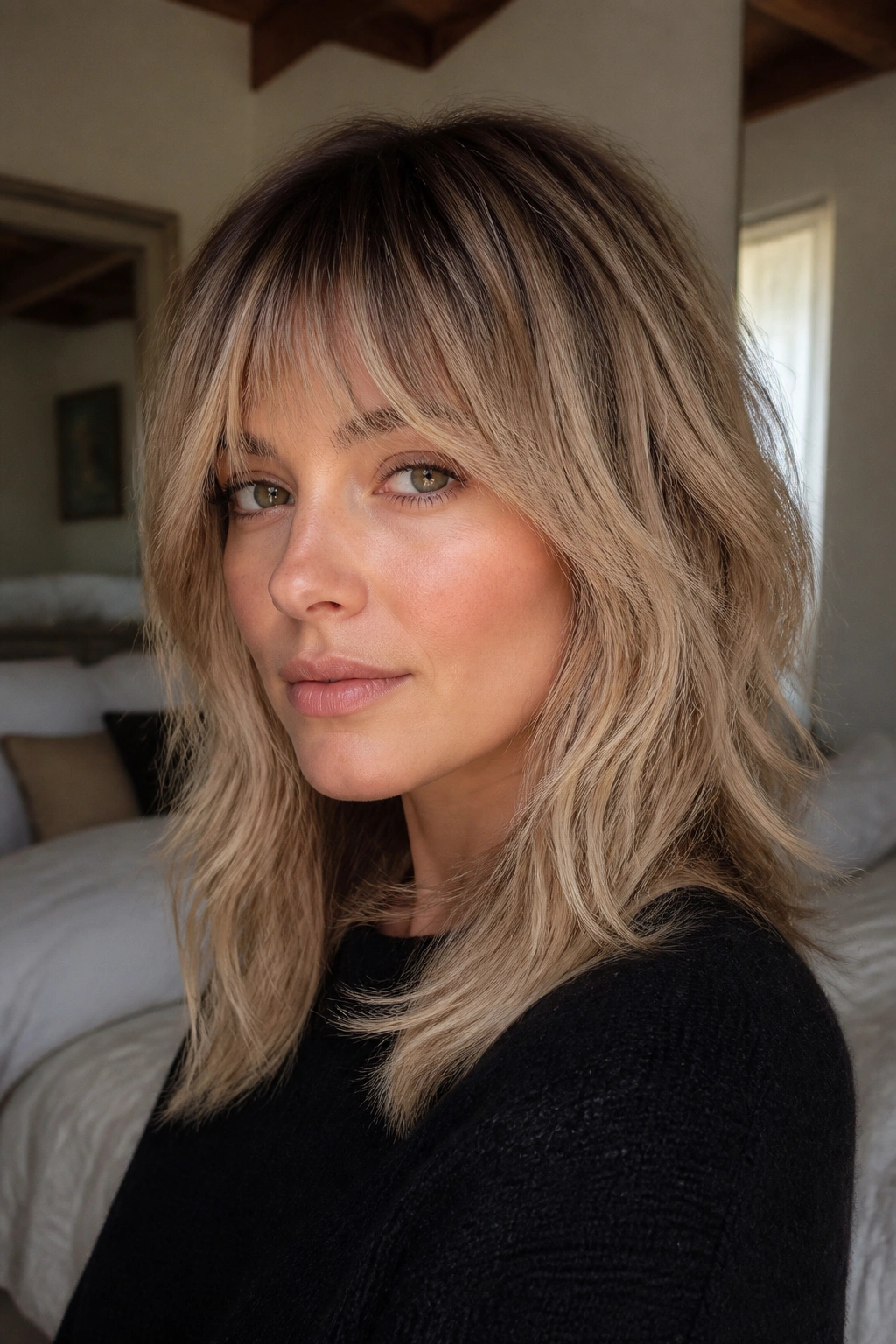 Portrait of a real woman with rooted beige blonde wolf cut and grown-out bangs in a sunlit bedroom