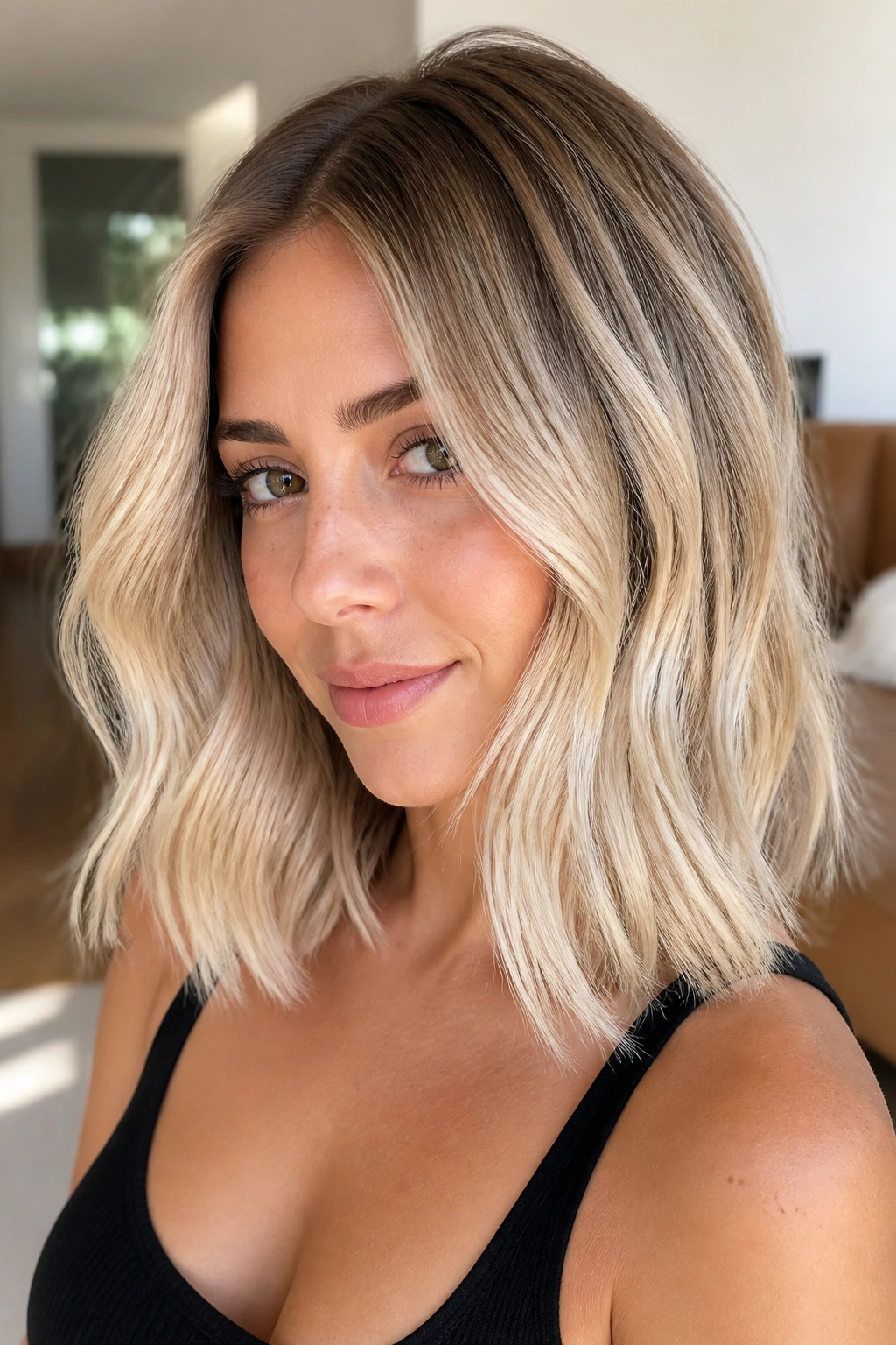 Close-up of a real person showing rooted blonde with bright ends in warm light