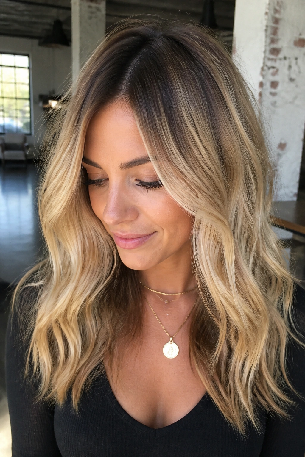 Portrait of a real woman with dark roots and light blonde mid-lengths for high-contrast rooted blonde