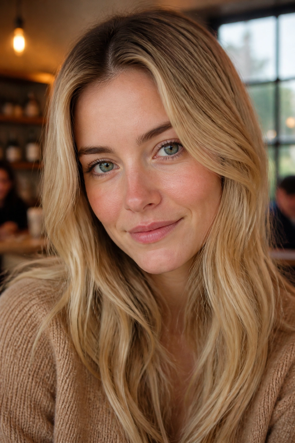 Close-up of a woman with rooted blonde darker roots framing her face