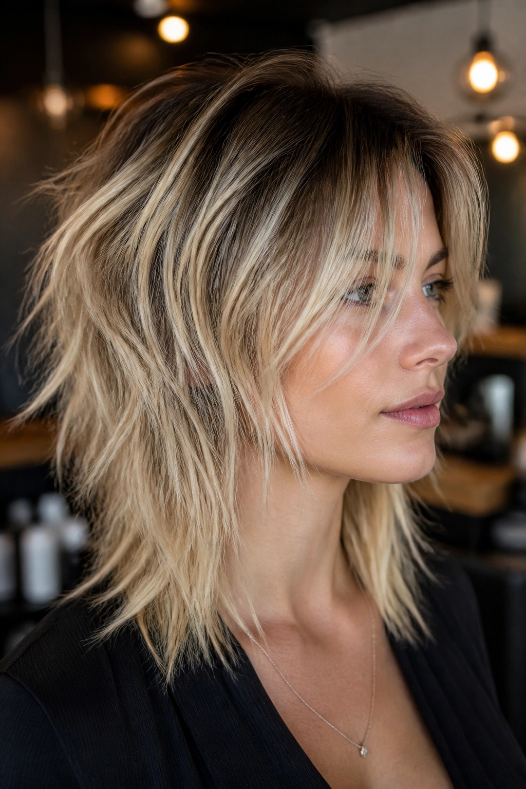 Close-up portrait of a real person with rooted blonde wolf cut and dark shadow base