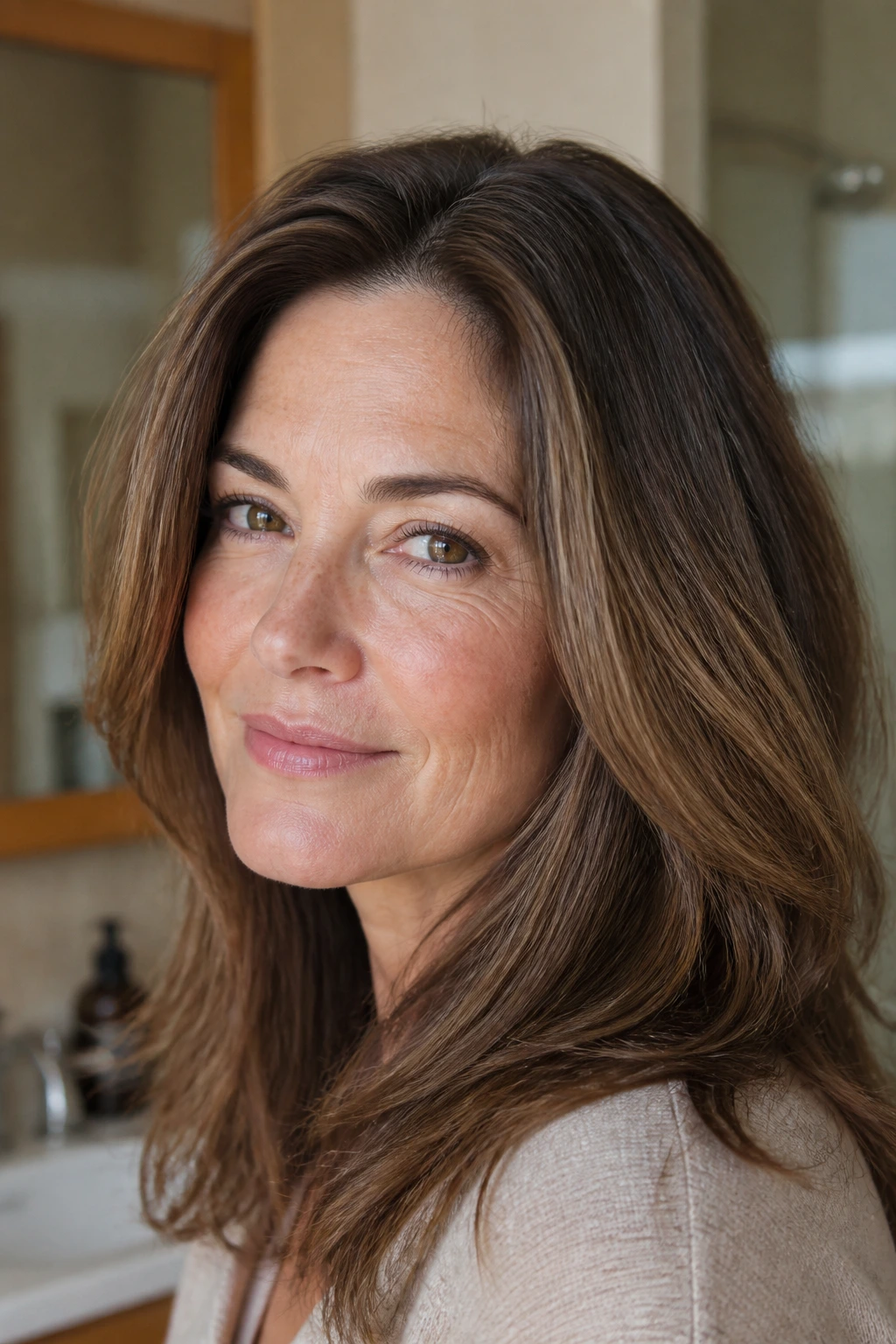 Close-up of a real woman's rooted brunette color blending gray regrowth with soft brown mid-length