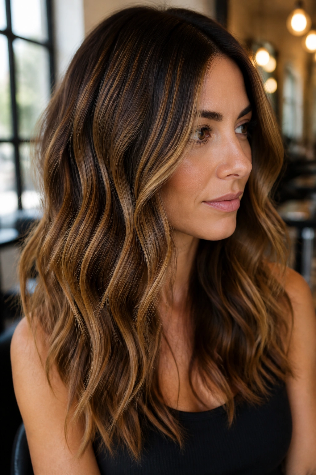 Close-up of a real woman with rooted caramel highlights and a soft shadow base.
