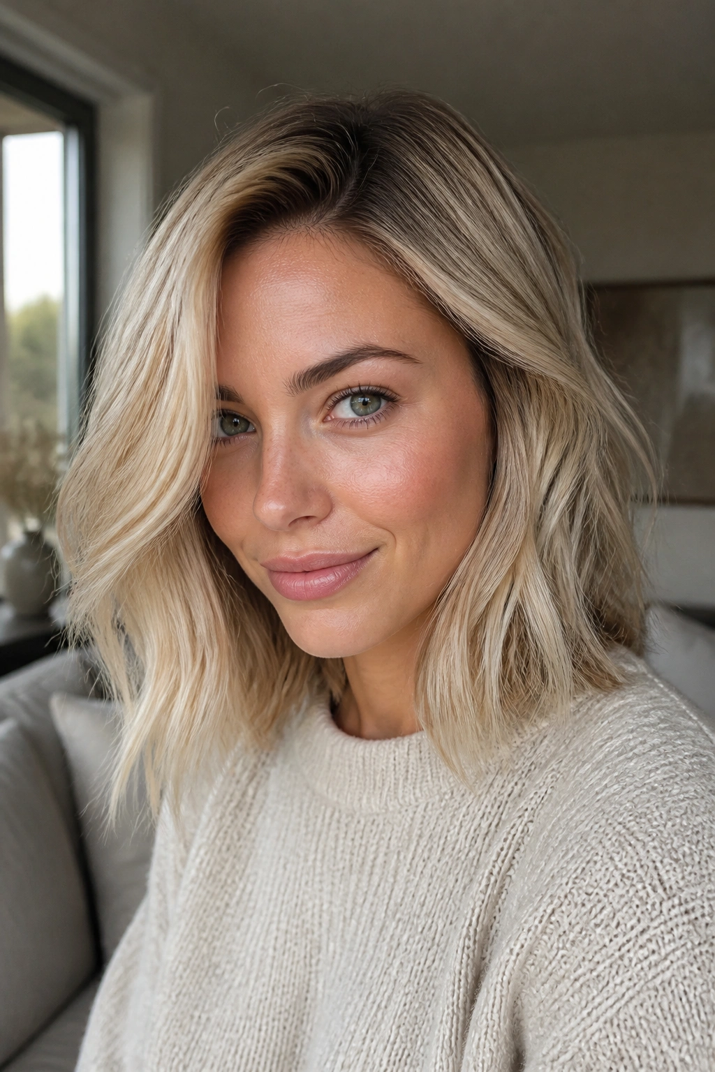 Portrait of a woman with rooted champagne blonde and warm tones