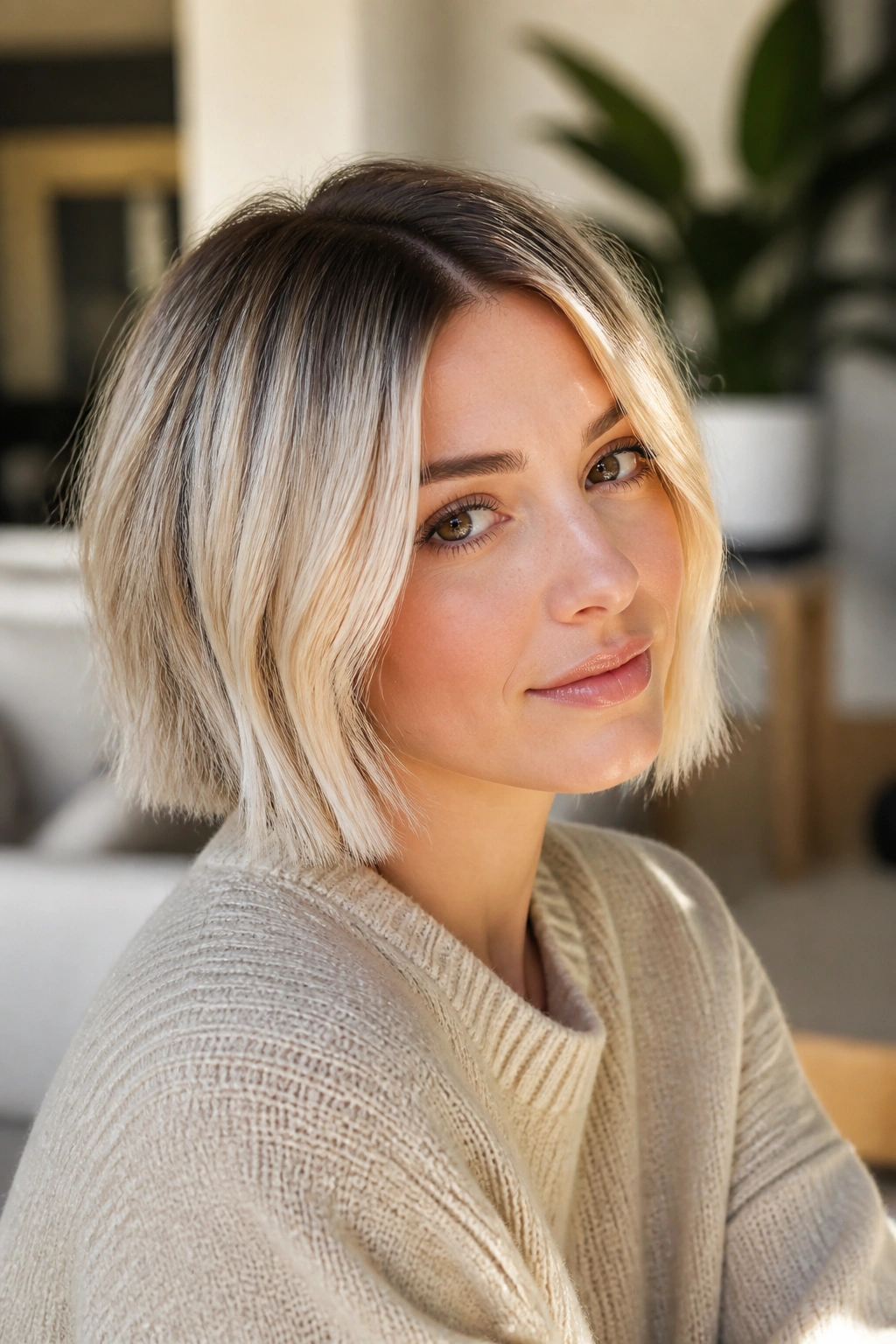 Close-up portrait of a woman with rooted cream blonde bob in a sunny living room