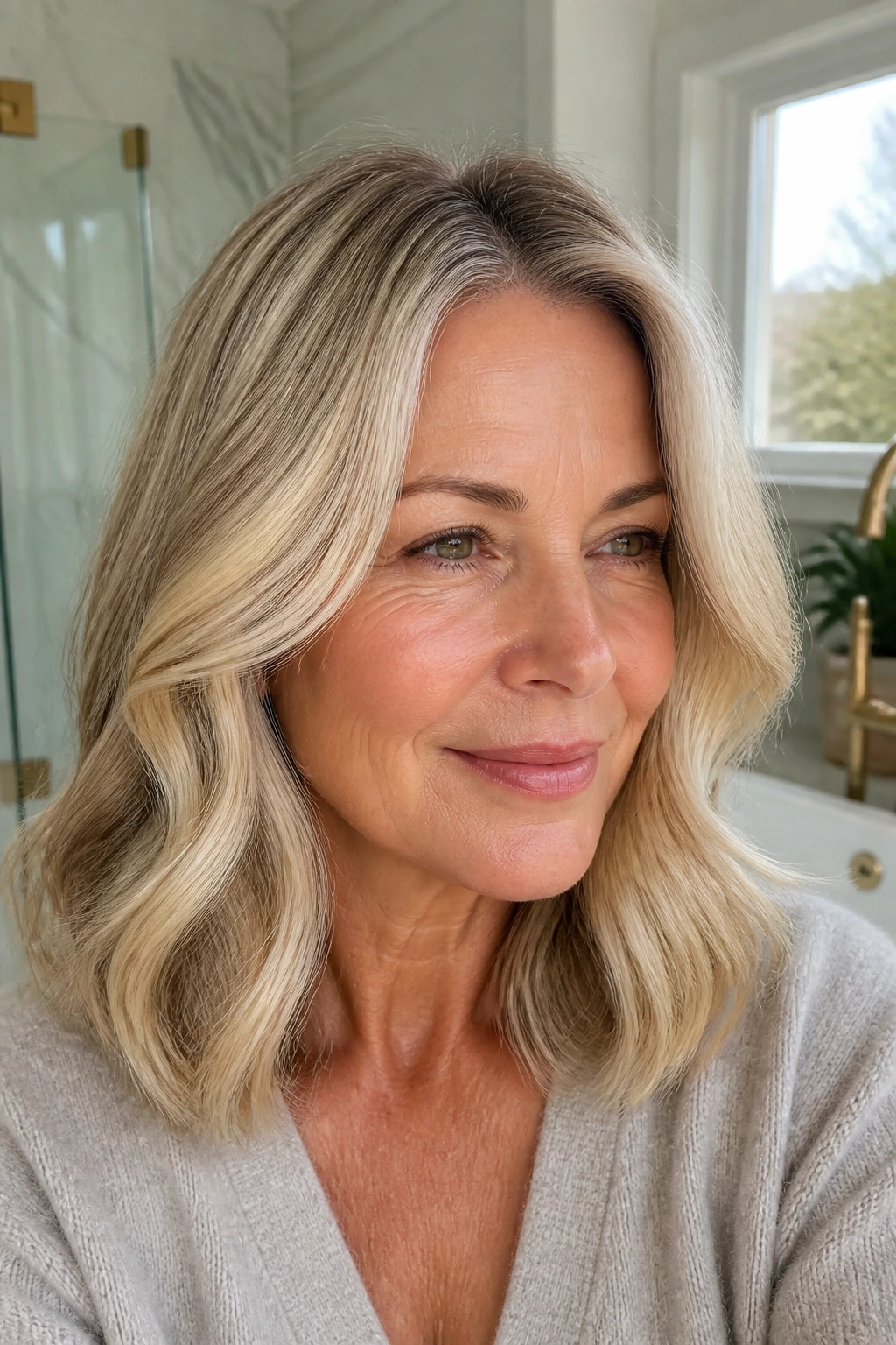 Close-up portrait of a real woman with rooted cream blonde and soft color transition.