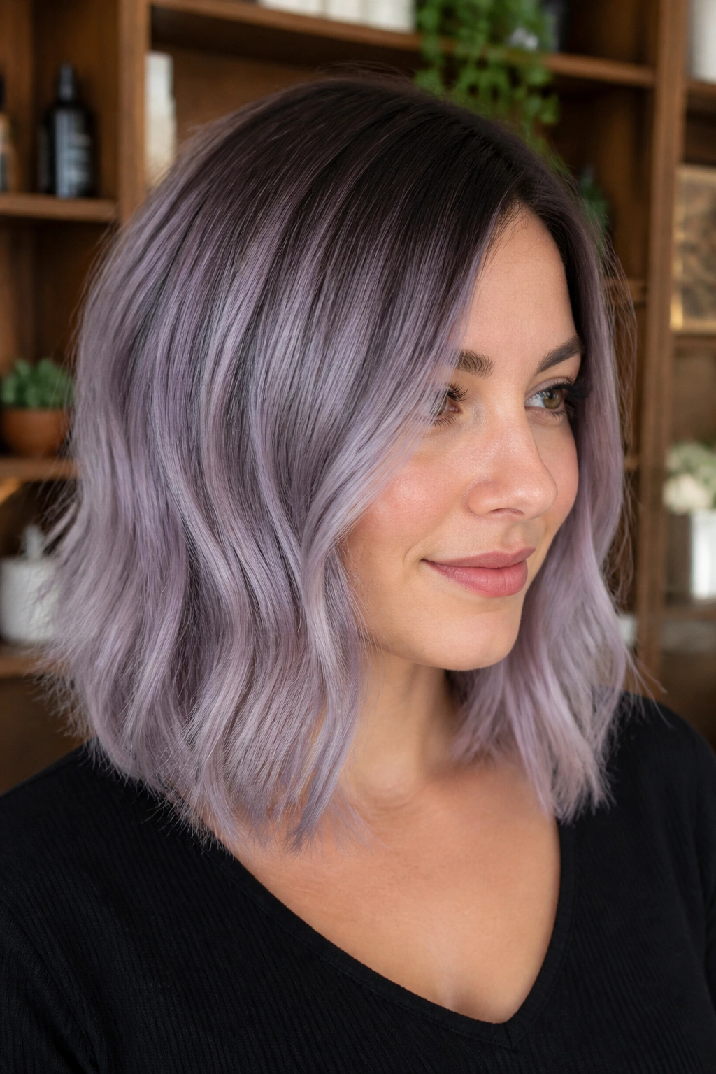Portrait of a real woman with rooted lilac grey lob and darker roots