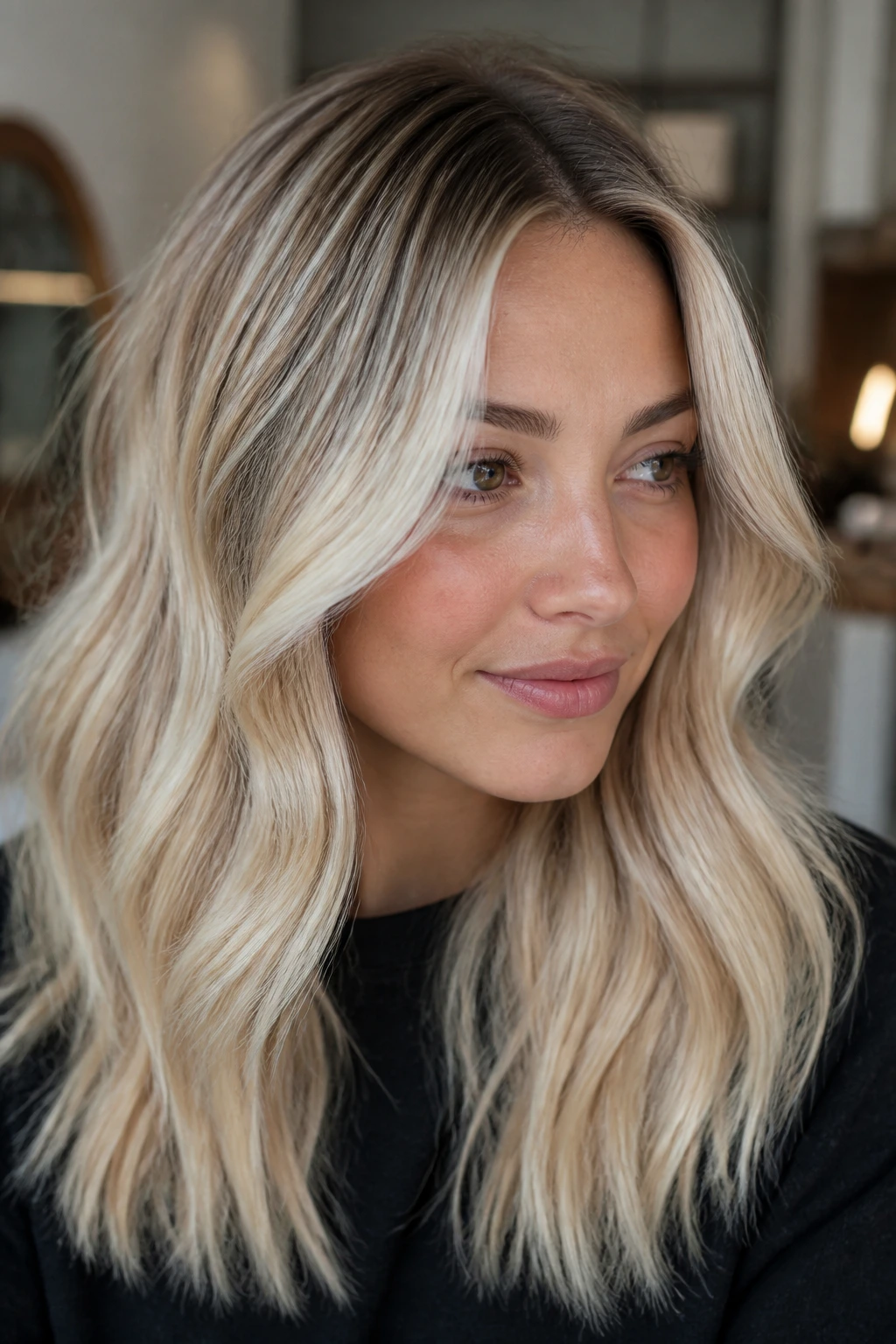Close-up portrait of a real woman with rooted platinum babylights around the face
