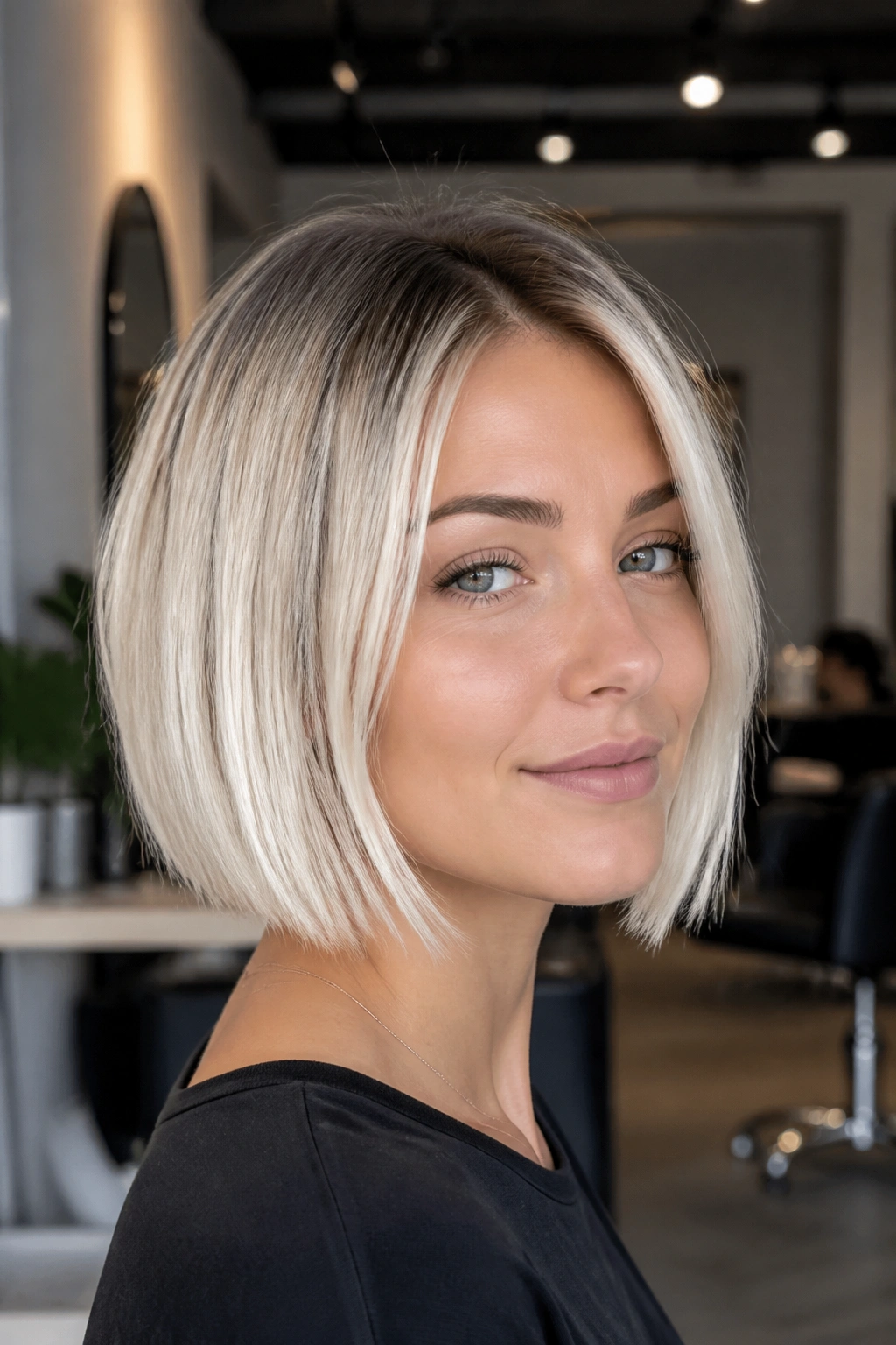 Close-up of a real person with rooted platinum bob in a chic salon